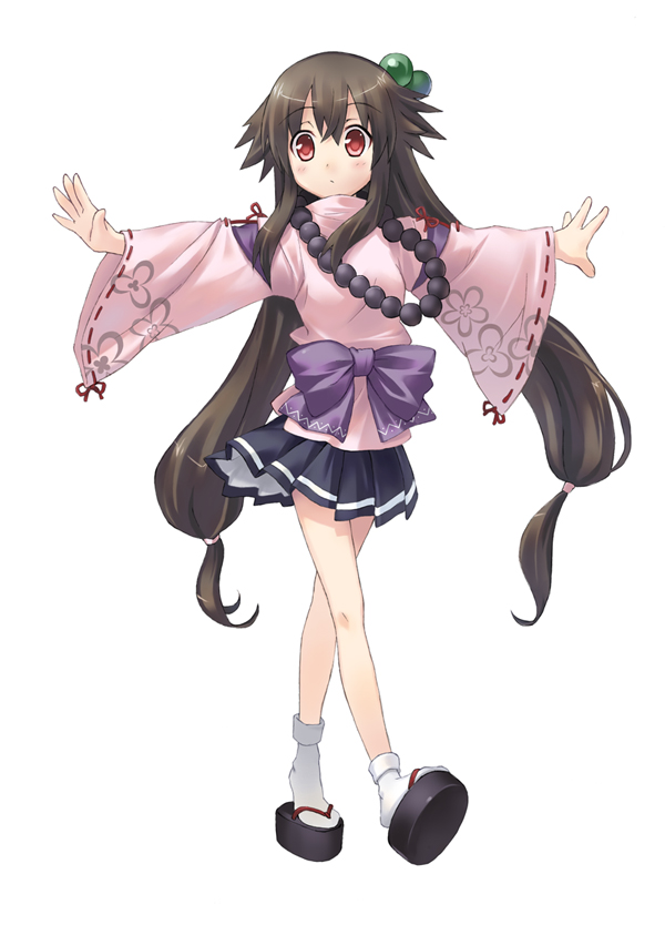 saeki nao, original, bad id, bad pixiv id, 1girl, beads, blush, brown hair, clog sandals, female focus, hair bobbles, hair ornament, jewelry, long hair, necklace, okobo, outstretched arms, platform sandals, red eyes, sandals, skirt, solo, spread arms, tabi, twintails