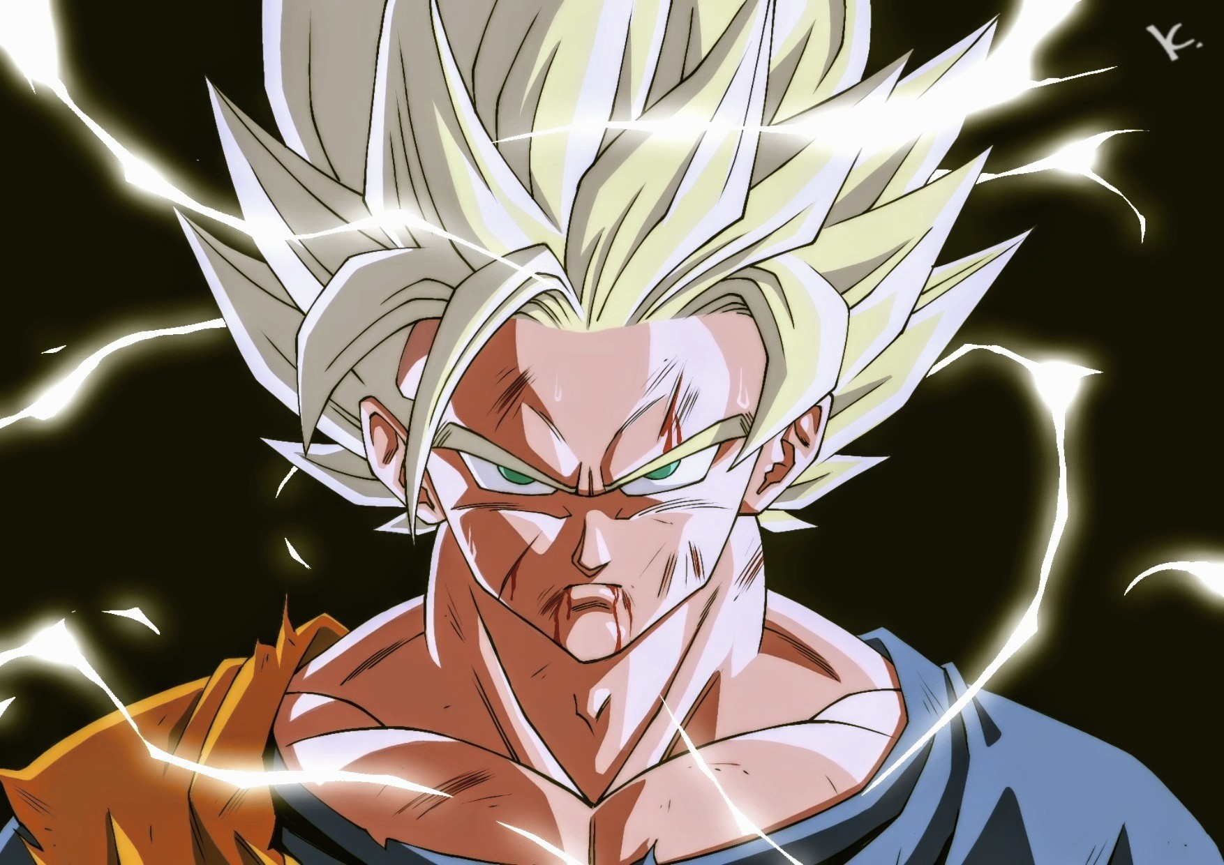 kakeru (dbskakeru), son goku, dragon ball, dragonball z, highres, 1boy, black background, blonde hair, electricity, green eyes, male focus, medium hair, muscular, muscular male, simple background, solo, spiked hair, super saiyan, super saiyan 2, upper body