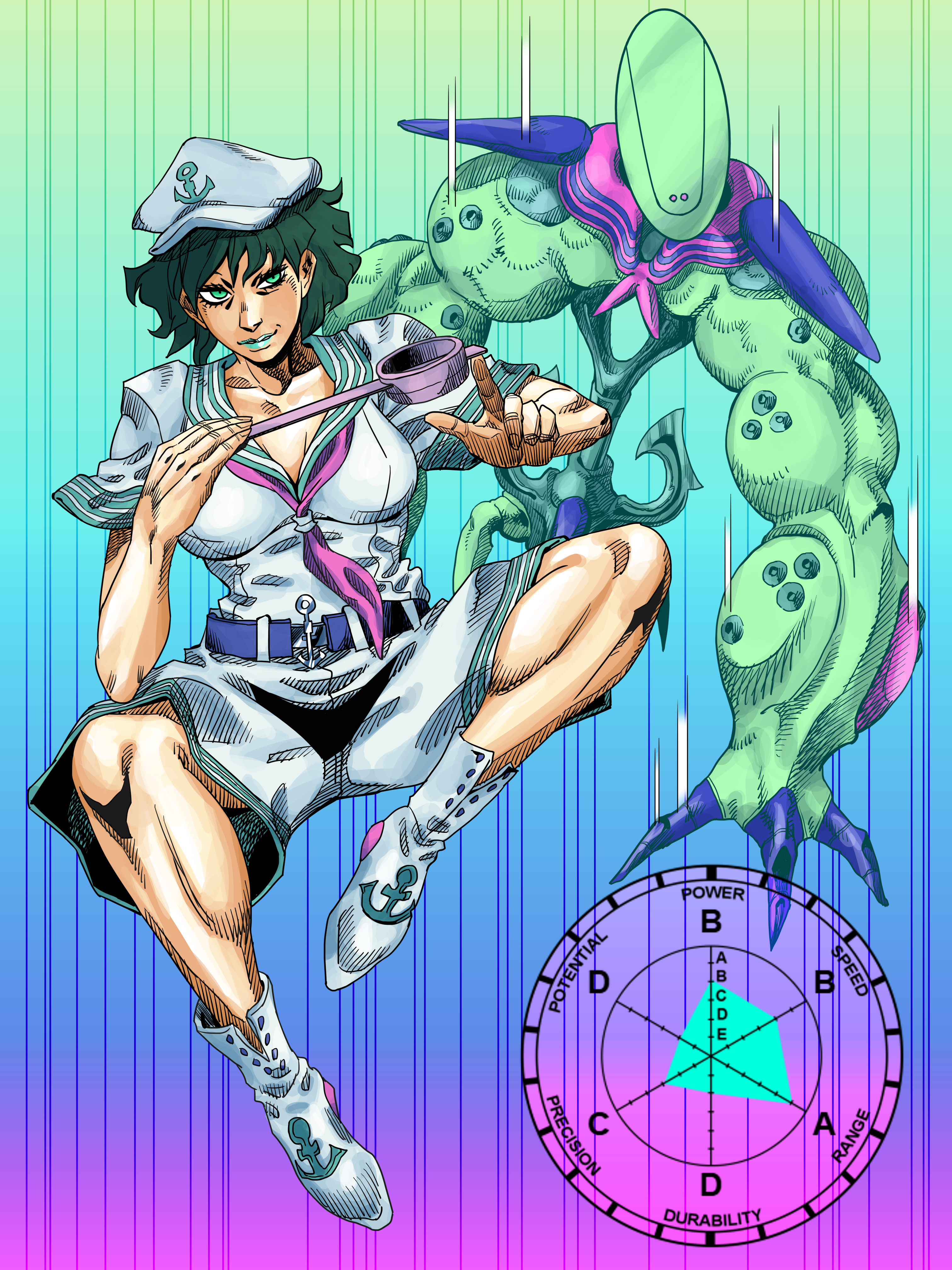 eddybird55555, murasa minamitsu, jojo no kimyou na bouken, touhou, absurdres, highres, 1girl, 1other, anchor symbol, araki hirohiko (style), belt, blue belt, blue lips, boots, collared shirt, full body, gradient background, green eyes, green hair, hat, holding, holding ladle, ladle, lipstick, looking at viewer, makeup, neckerchief, parody, pointing, pointing at viewer, sailor hat, shirt, short hair, short sleeves, shorts, simple background, stand (jojo), style parody, white boots, white hat, white shirt, white shorts