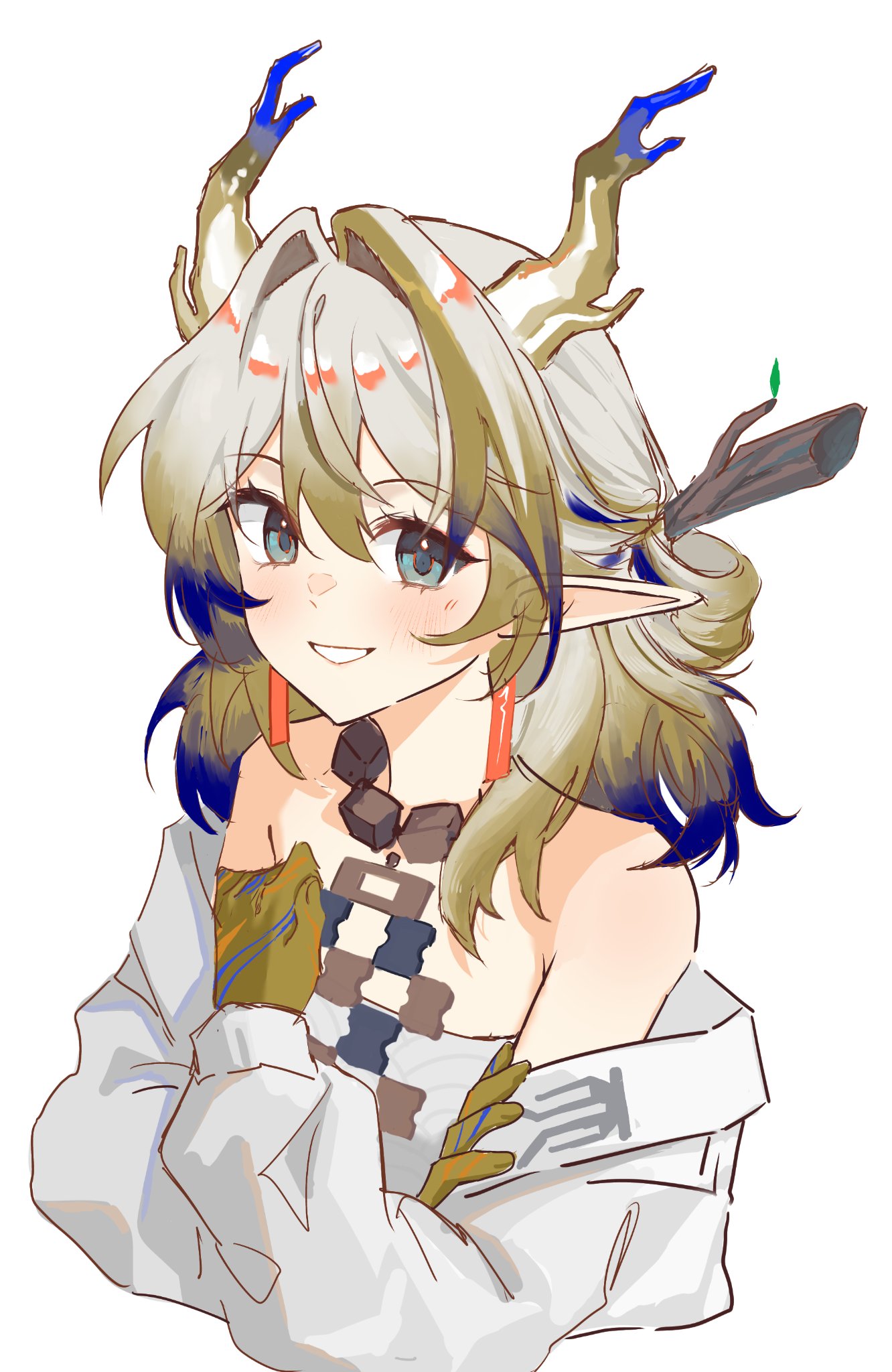 rep120105, shu (arknights), arknights, highres, 1girl, :d, alternate hair length, alternate hairstyle, aqua eyes, bare shoulders, blonde hair, colored extremities, cropped torso, dragon girl, dragon horns, earrings, grey hair, grey jacket, grin, hair between eyes, hair intakes, horns, jacket, jewelry, light blush, long sleeves, looking at viewer, medium hair, multicolored hair, necklace, off shoulder, open mouth, pointy ears, purple hair, simple background, smile, solo, white background