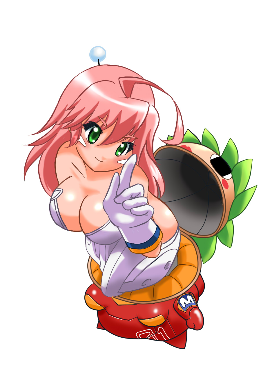 honda cb1000sf, kemeko, mm (kemeko deluxe), kemeko deluxe, highres, long image, tall image, 00s, 1girl, ahoge, bare shoulders, bodysuit, breasts, cleavage, from above, green eyes, index finger raised, large breasts, long hair, pale skin, pink hair, robot, smile, wagging finger, white background, white bodysuit
