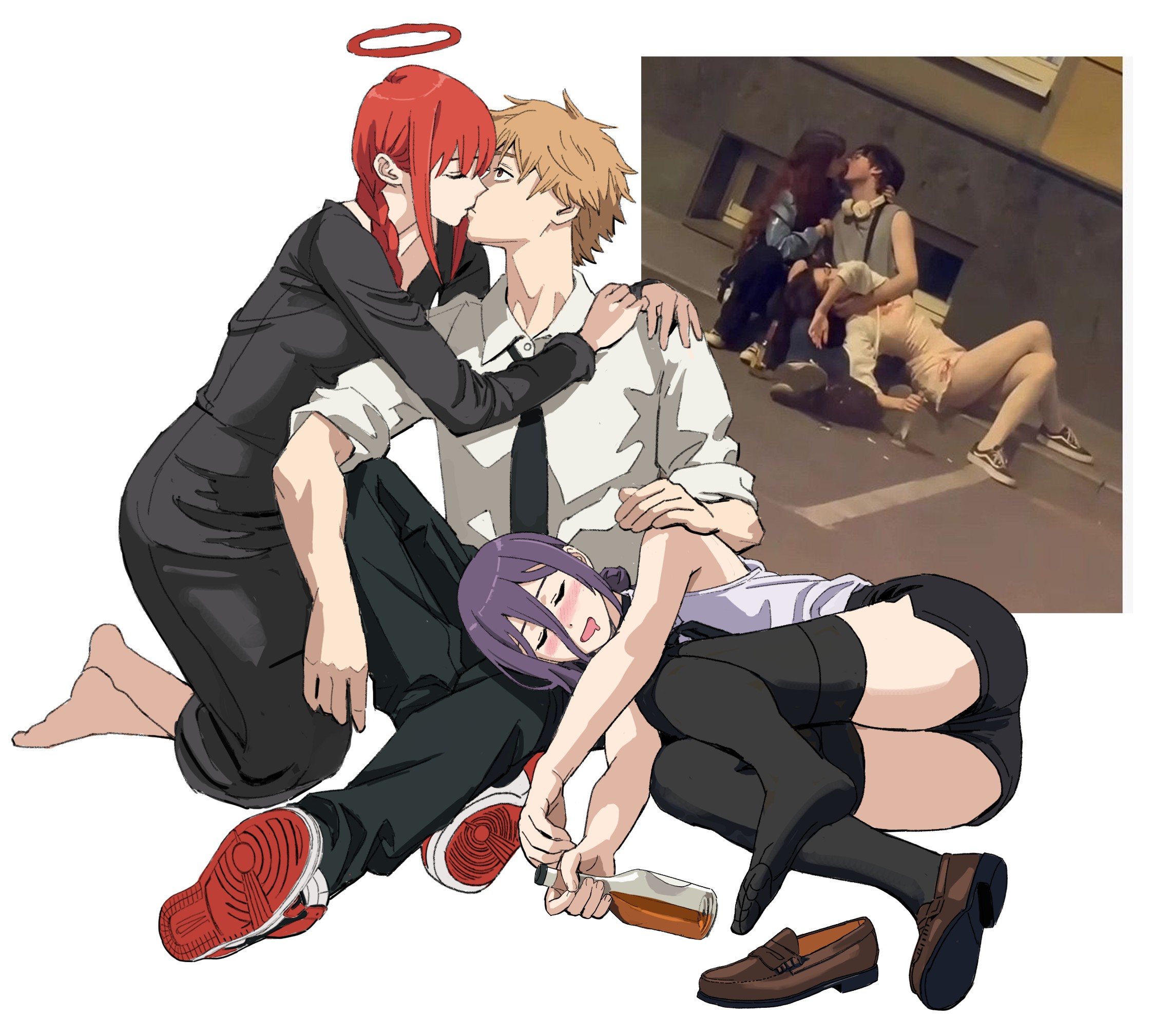 shiren (ourboy83), denji (chainsaw man), makima (chainsaw man), reze (chainsaw man), chainsaw man, commentary, english commentary, highres, photo-referenced, 1boy, 2girls, alcohol, barefoot, black dress, black necktie, black pants, black shorts, black thighhighs, blonde hair, blush, bottle, cheating (relationship), dress, drooling, drunk, hair between eyes, halo, hetero, holding, holding bottle, hug, kiss, kneeling, lap pillow, long hair between eyes, lying, mouth drool, multiple girls, necktie, nose blush, on side, pants, purple hair, red hair, reference inset, shirt, shorts, sidelocks, sitting, sleeping, sleeveless, sleeveless shirt, thighhighs, white shirt