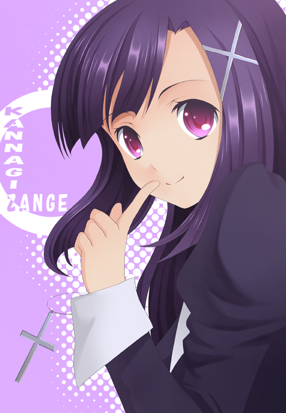 laco soregashi, zange, kannagi, bad id, bad pixiv id, 00s, cross, purple eyes, purple hair, solo