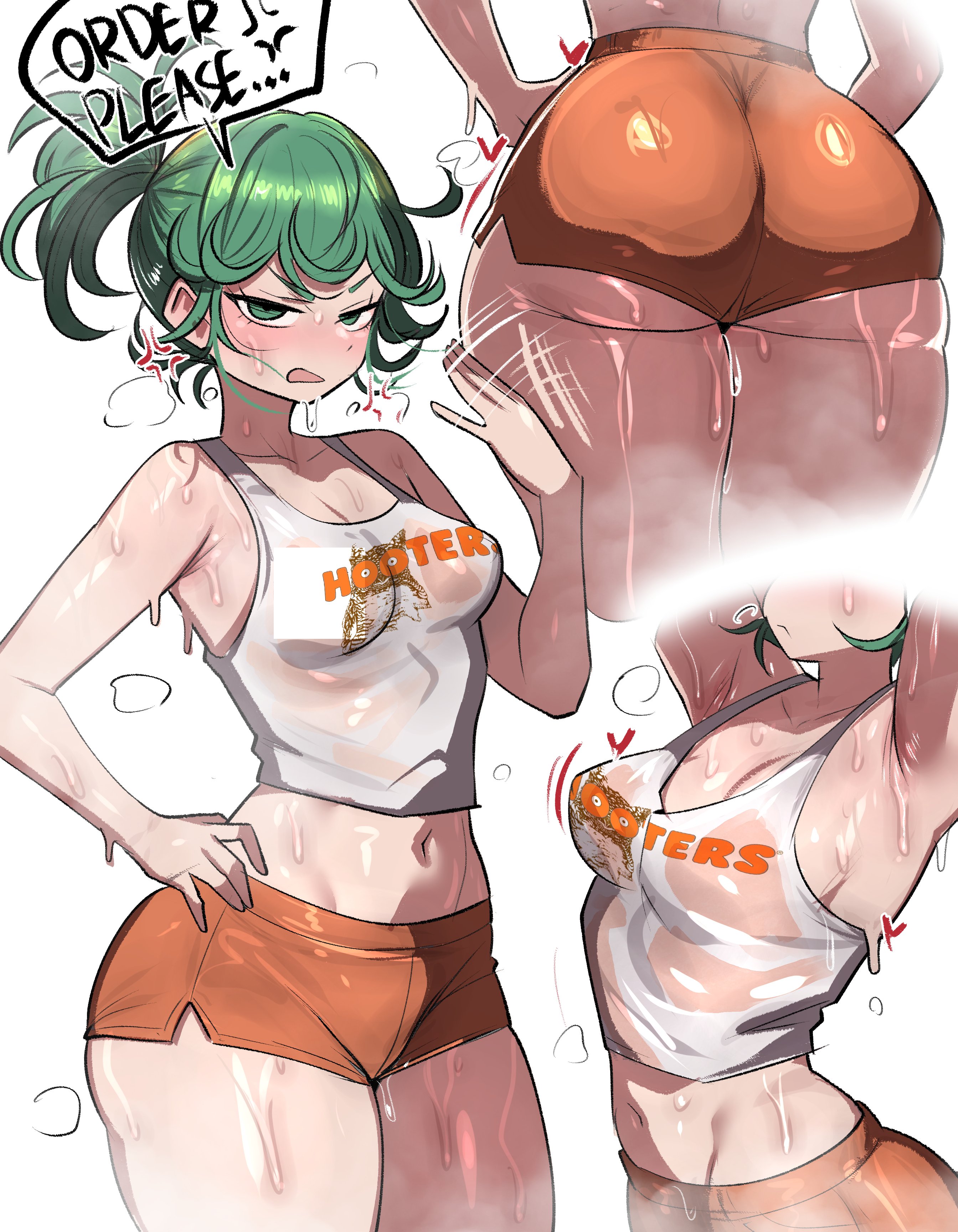 geulimykun (skbyunea413), tatsumaki, hooters, one-punch man, absurdres, commentary, highres, symbol-only commentary, 1girl, anger vein, armpits, ass, bouncing breasts, breasts, clothes writing, english text, green eyes, green hair, hand on own hip, heart, hot, medium breasts, medium hair, motion lines, multiple views, navel, no legwear, open mouth, orange shorts, ponytail, short shorts, shorts, simple background, speech bubble, steaming body, sweat, tank top, thick thighs, thighs, underbutt, v-shaped eyebrows, very sweaty, white background, white tank top