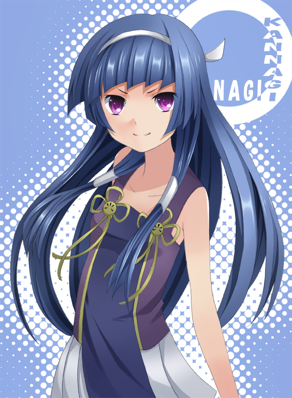 laco soregashi, nagi, kannagi, bad id, bad pixiv id, 00s, 1girl, blue hair, blunt bangs, female focus, flat chest, hair ornament, hair tubes, hairband, long hair, purple eyes, smile, solo, tank top