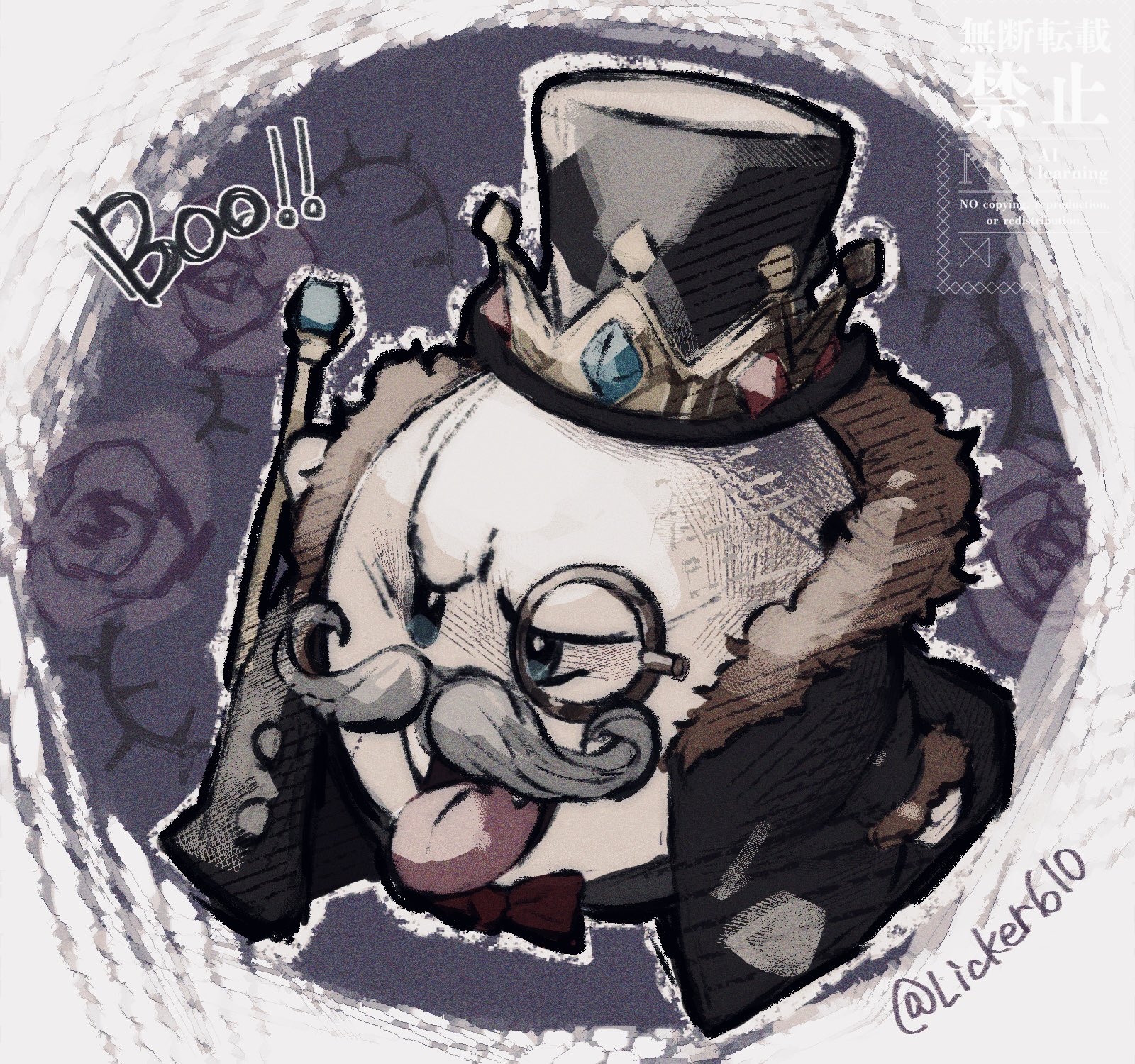 licker610, king boo, mario (series), mario kart, mario kart world, nintendo, highres, artist name, black hat, blue eyes, english text, facial hair, hat, king boo (aristocrat), monocle, mustache, official alternate costume, solo, tongue, tongue out, top hat
