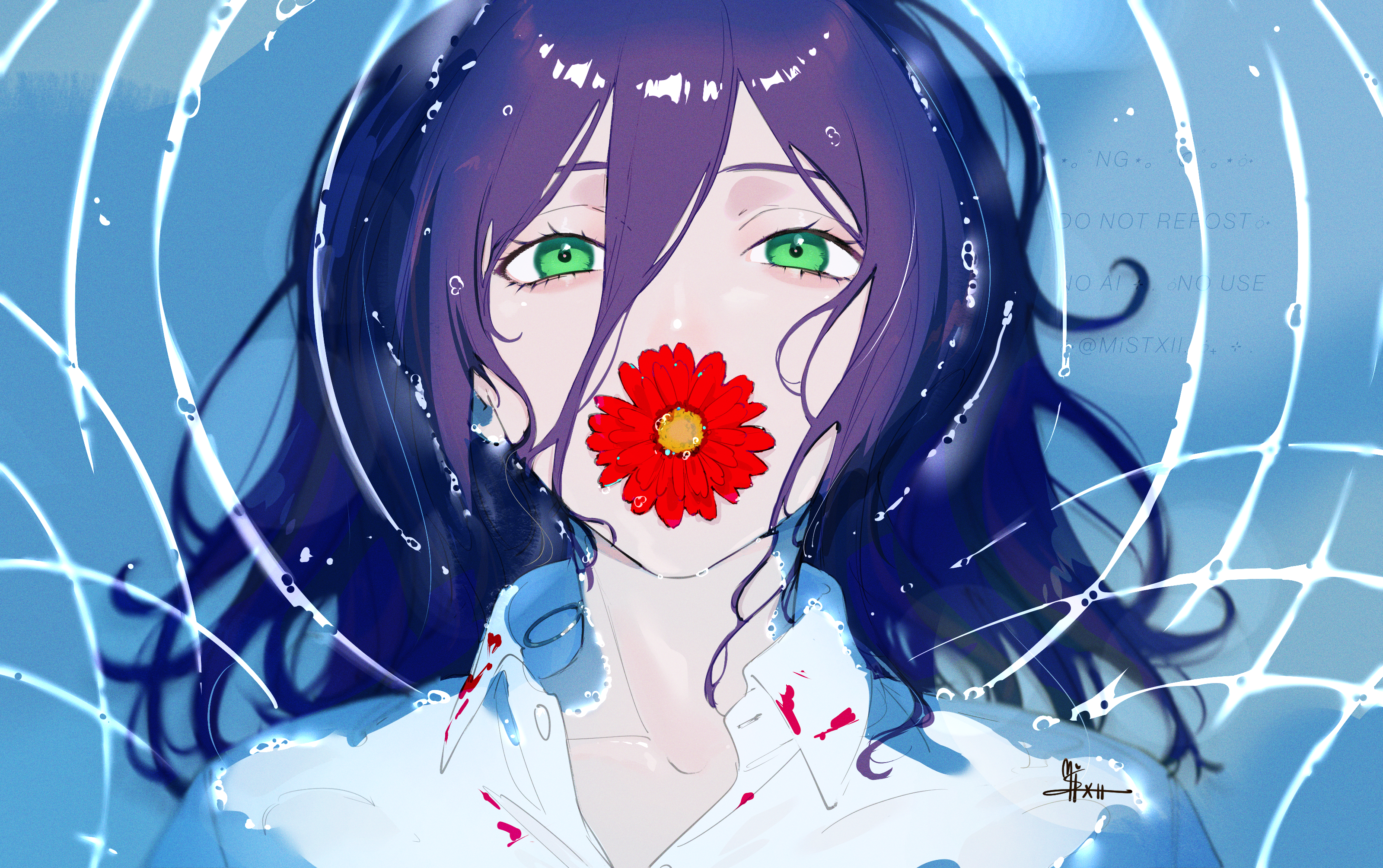 mistxii, reze (chainsaw man), chainsaw man, absurdres, commentary, highres, 1girl, blood, blood on clothes, borrowed clothes, collarbone, flower, flower over mouth, gerbera, green eyes, grenade pin, hair between eyes, hair flower, hair ornament, long hair between eyes, looking at viewer, lying, lying on water, open collar, purple hair, red flower, shirt, signature, solo, white shirt