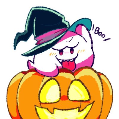 yuzutsan, boo (mario), mario (series), nintendo, lowres, black hat, english text, ghost, hat, jack-o'-lantern, looking at viewer, no humans, simple background, tongue, tongue out, white background, witch hat