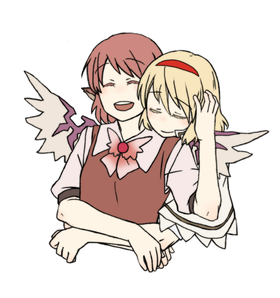 torinone, alice margatroid, mystia lorelei, touhou, 2girls, blonde hair, colored eyelashes, eyelashes, female focus, hairband, hug, multiple girls, red hair, smile, wings