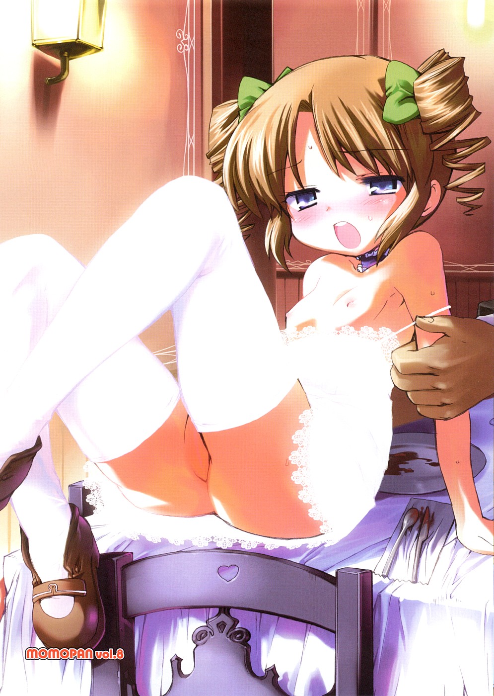 momopan, artist request, highres, 1boy, 1girl, artistic error, bare shoulders, blue eyes, blush, brown hair, drill hair, hair ribbon, heart, hetero, loli, nipples, no panties, no pussy, open mouth, ribbon, solo focus, strap slip, sweat, table, thighhighs, white thighhighs