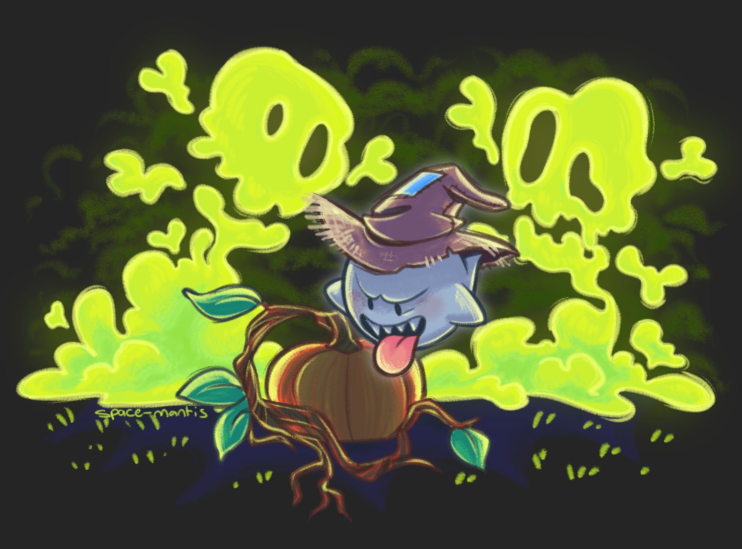 boo (mario), mario (series), nintendo, colored smoke, ghost, hat, no humans, open mouth, pumpkin, sharp teeth, skull and crossbones, smoke, solo, spacemantis, teeth, tongue, tongue out, upper teeth only, witch hat