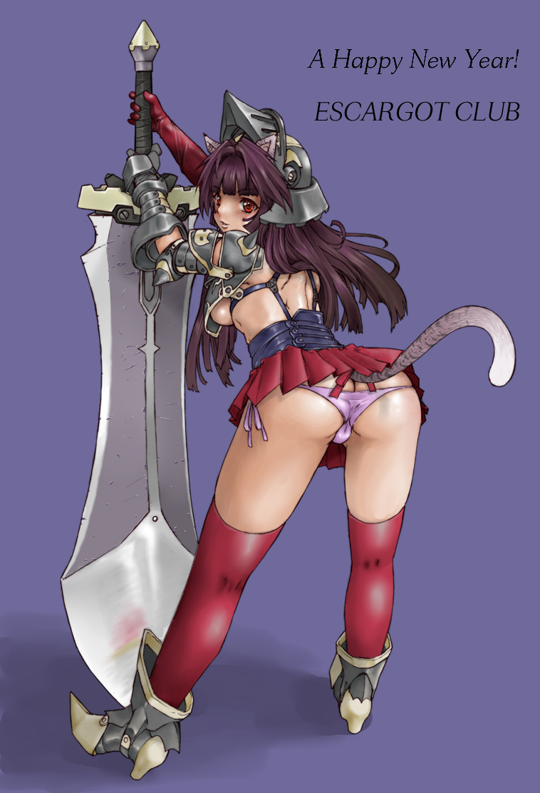 juubaori mashumaro, original, animal ears, armor, ass, back, boots, cat ears, cat tail, helmet, huge weapon, leaning forward, long hair, looking back, miniskirt, panties, pleated skirt, purple panties, red eyes, red thighhighs, side-tie panties, skirt, solo, sword, tail, thighhighs, underwear, weapon
