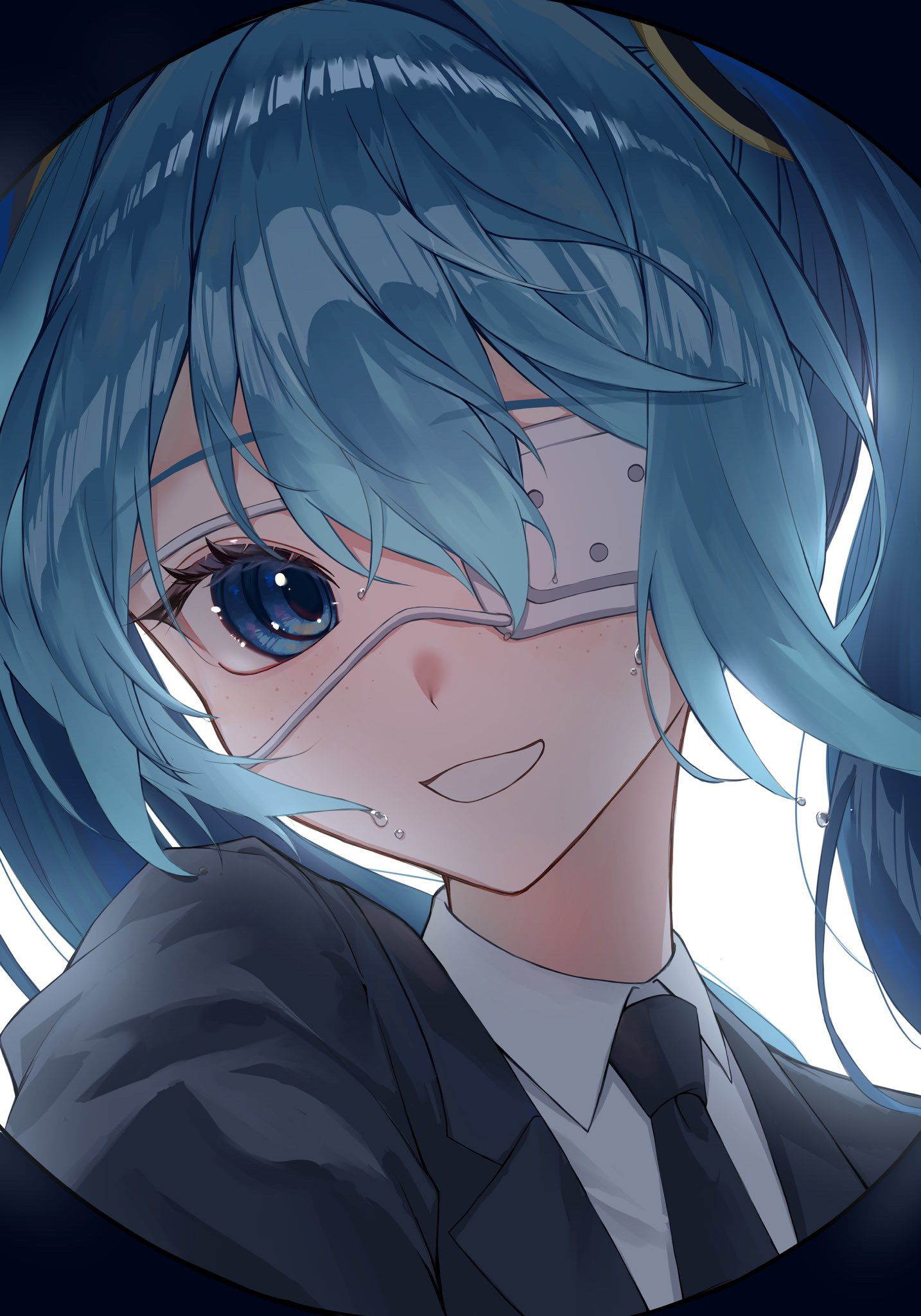 raiya atelier, hatsune miku, monitoring (vocaloid), vocaloid, highres, 1girl, aqua hair, black jacket, blue eyes, collared shirt, eyepatch, hair between eyes, jacket, long hair, looking at viewer, medical eyepatch, necktie, shirt, solo, twintails, upper body