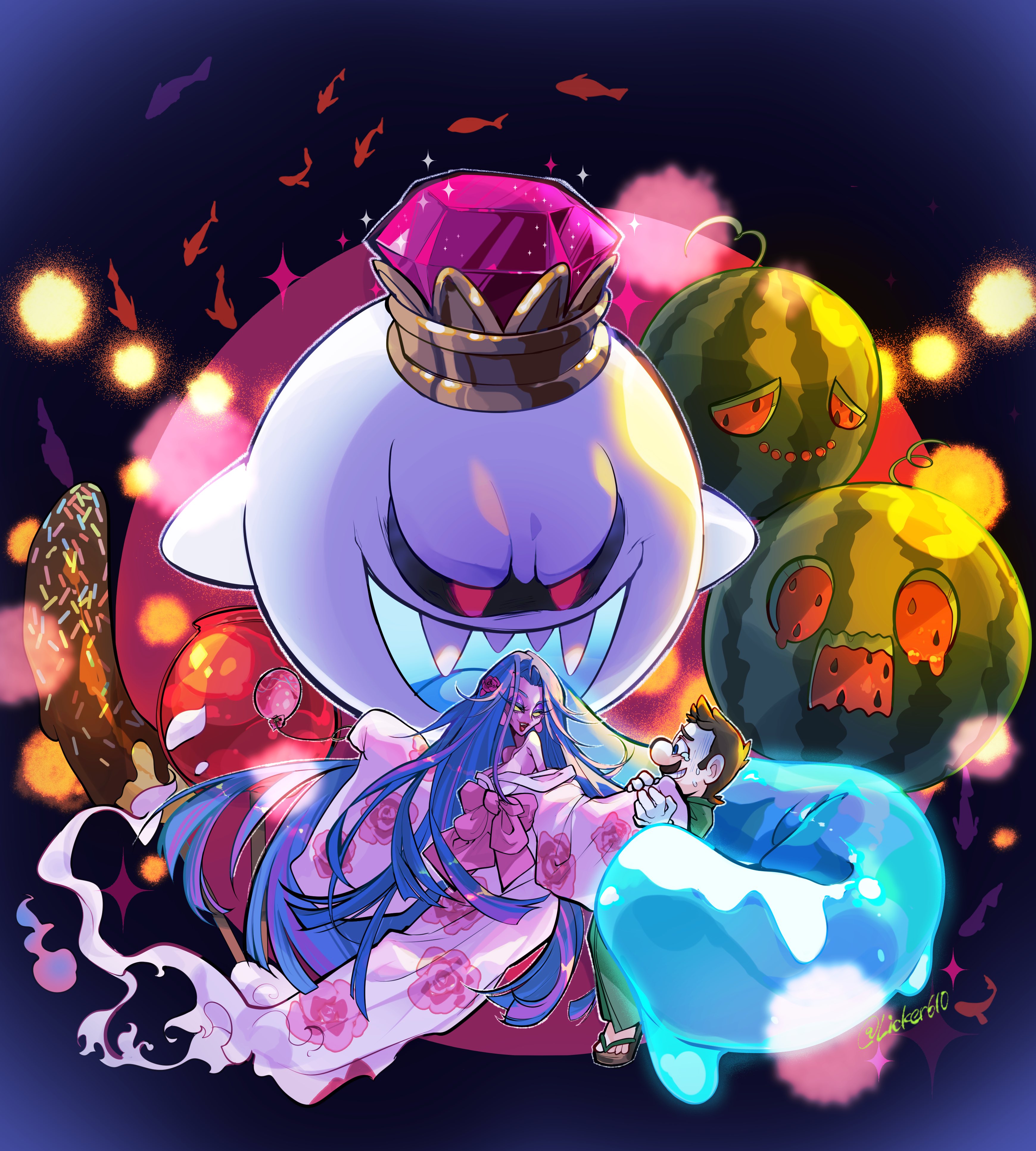 licker610, hellen gravely, king boo, luigi, luigi's mansion, mario (series), nintendo, absurdres, highres, 1boy, 1girl, alternate costume, alternate hairstyle, artist name, black sclera, blue hair, blue tongue, brown hair, colored sclera, colored tongue, crown, facial hair, floral print, floral print kimono, food, fruit, ghost, gloves, green kimono, japanese clothes, kimono, long hair, long tongue, looking at another, mustache, open mouth, pink kimono, print kimono, red eyes, sandals, sharp teeth, short hair, teeth, tongue, tongue out, watermelon, white gloves