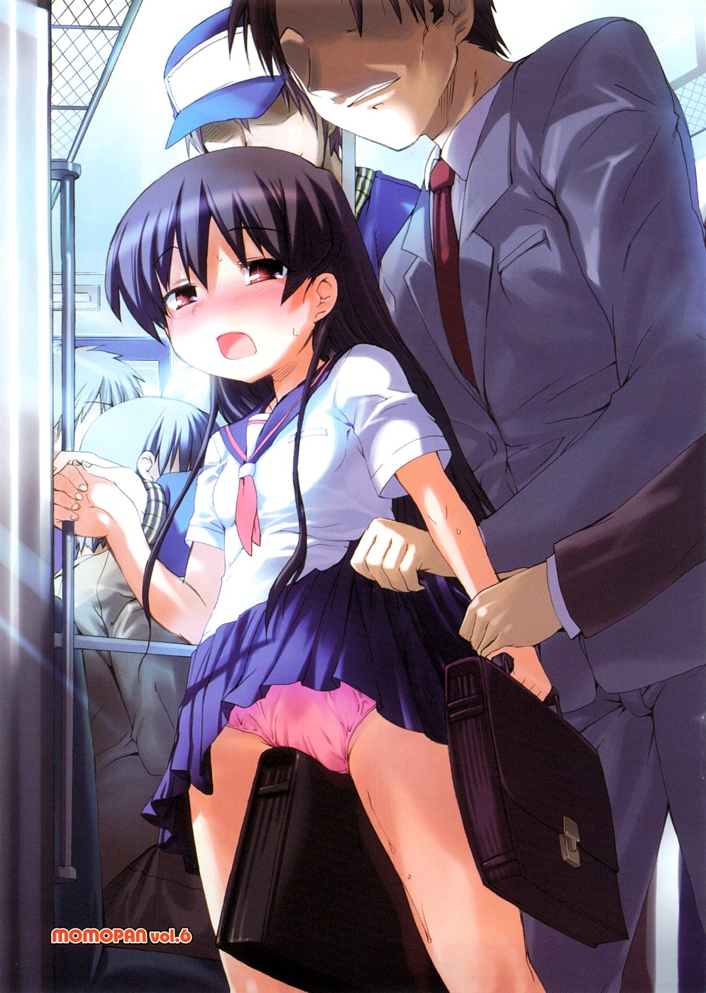 hiura r, momopan, artist request, highres, 1girl, 4boys, bag, blush, breasts, chikan, clothes lift, hetero, loli, molestation, multiple boys, panties, public indecency, satchel, school bag, school uniform, serafuku, skirt, skirt lift, small breasts, solo focus, train, train interior, underwear, upskirt