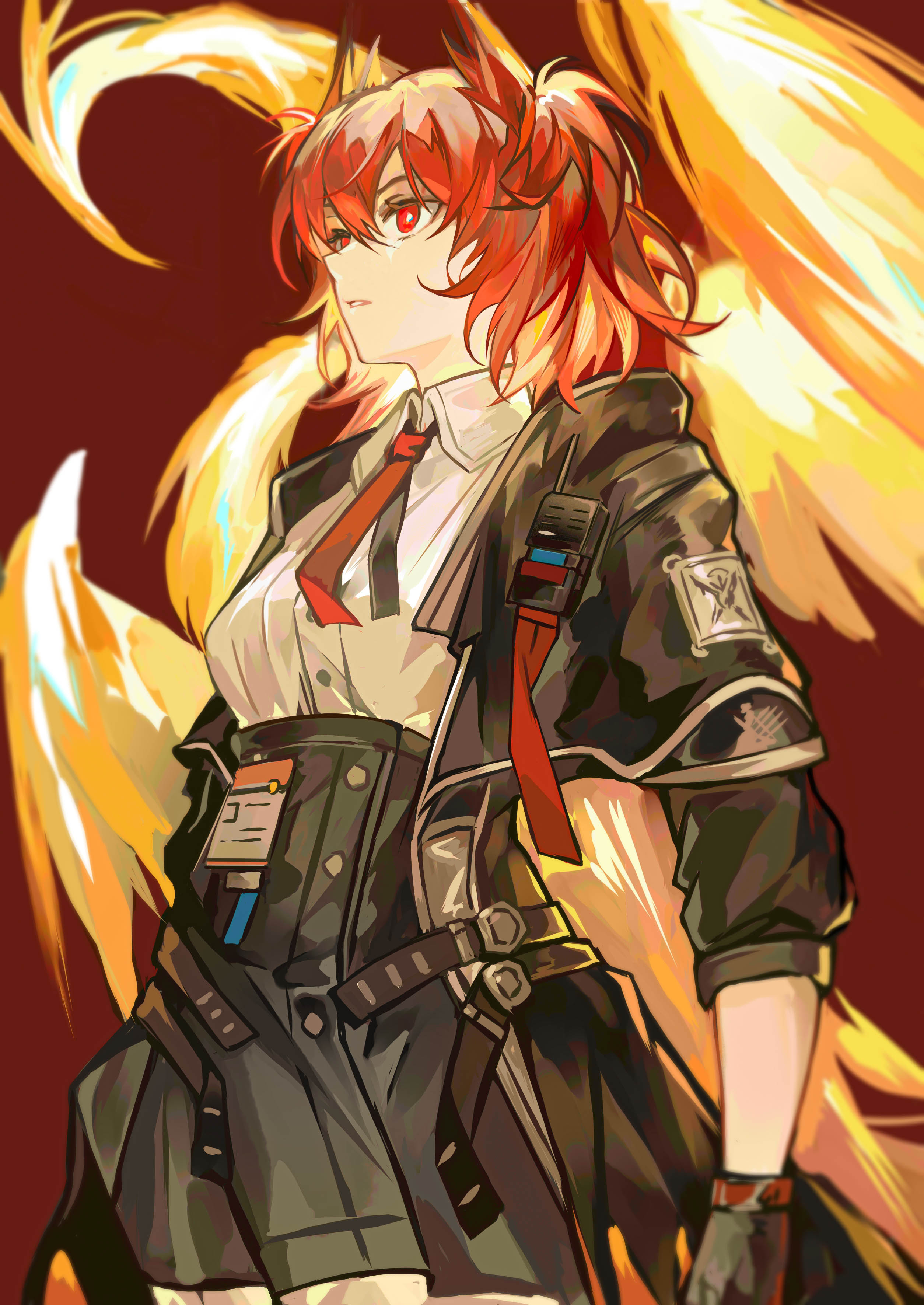 cen (acheng02806053), fiammetta (arknights), arknights, absurdres, commentary, highres, symbol-only commentary, belt, bird, black belt, black gloves, black jacket, black skirt, breasts, cowboy shot, dress shirt, feather hair, from below, from side, gloves, hair between eyes, high-waist skirt, jacket, laterano logo, looking ahead, medium breasts, medium hair, multiple belts, necktie, open clothes, open jacket, parted lips, phoenix, red background, red eyes, red hair, red necktie, shirt, short necktie, skirt, three-quarter sleeves, twintails, white shirt