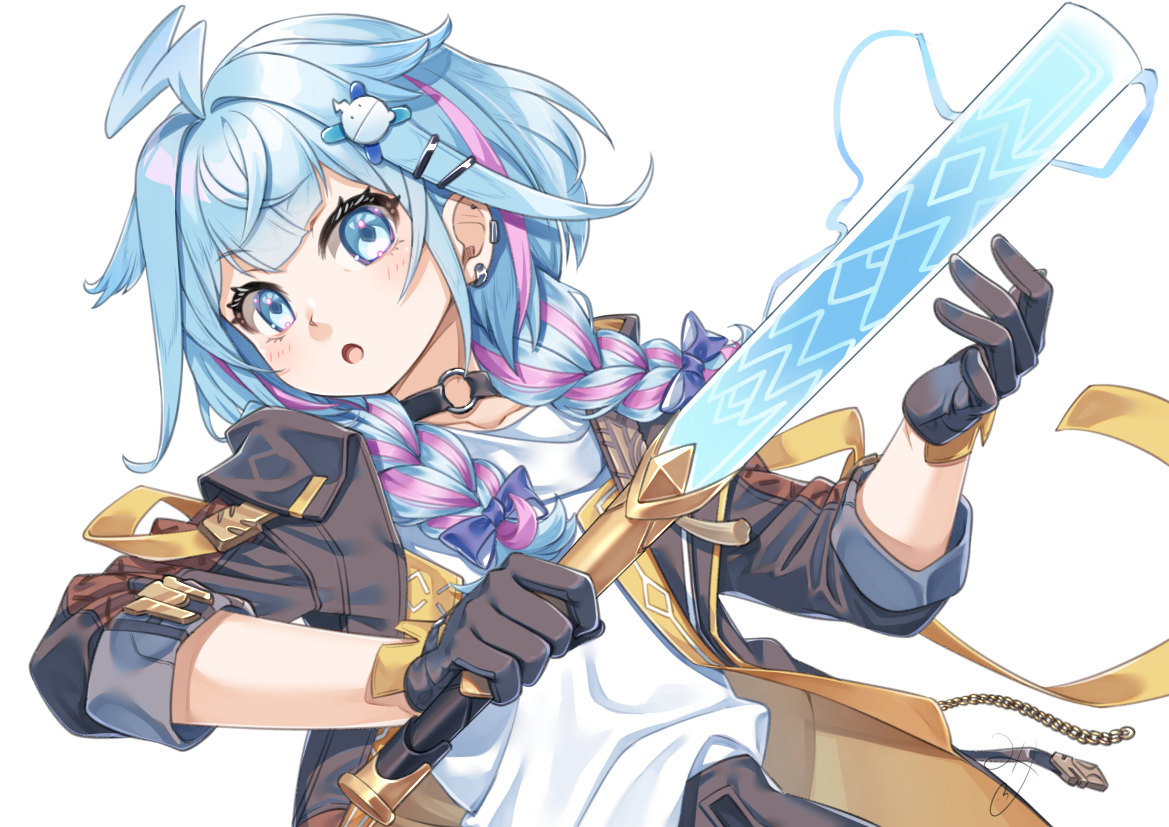 miri (ago550421), mizumiya su, stelle (honkai: star rail), trailblazer (honkai: star rail), hololive, hololive dev is, honkai: star rail, honkai (series), commentary request, revision, 1girl, :o, ahoge, black choker, blue eyes, blue hair, bow, braid, brown gloves, brown jacket, brown skirt, choker, collarbone, cosplay, dutch angle, earrings, gloves, hair bow, hair ornament, hair over shoulder, hairclip, holding, holding sword, holding weapon, jacket, jewelry, long hair, long sleeves, looking at viewer, low twintails, multicolored hair, o-ring, o-ring choker, open clothes, open jacket, open mouth, pink hair, purple bow, shirt, signature, simple background, skirt, solo, stelle (honkai: star rail) (cosplay), streaked hair, sword, twin braids, twintails, upper body, virtual youtuber, weapon, white background, white shirt