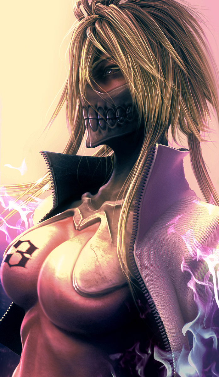 wen jr, tier harribel, bleach, highres, spoilers, 00s, 1girl, 3d, abs, arrancar, blonde hair, blue eyes, breasts, cleavage, dark-skinned female, dark skin, female focus, hollow (bleach), large breasts, midriff, number tattoo, realistic, solo, tattoo, underboob