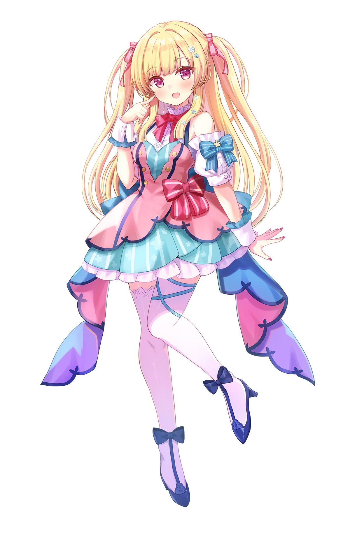 motoi ayumu, commentary request, copyright request, highres, 1girl, :d, bare shoulders, blonde hair, blue bow, blue dress, blue shoes, bow, breasts, detached sleeves, dress, full body, hair bow, high heels, long hair, looking at viewer, medium breasts, nail polish, open mouth, pink bow, pink dress, pink nails, puffy short sleeves, puffy sleeves, red bow, shoes, short sleeves, simple background, smile, solo, standing, standing on one leg, striped bow, striped clothes, striped dress, thighhighs, two side up, vertical-striped clothes, vertical-striped dress, very long hair, virtual youtuber, white background, white sleeves, white thighhighs, wrist cuffs