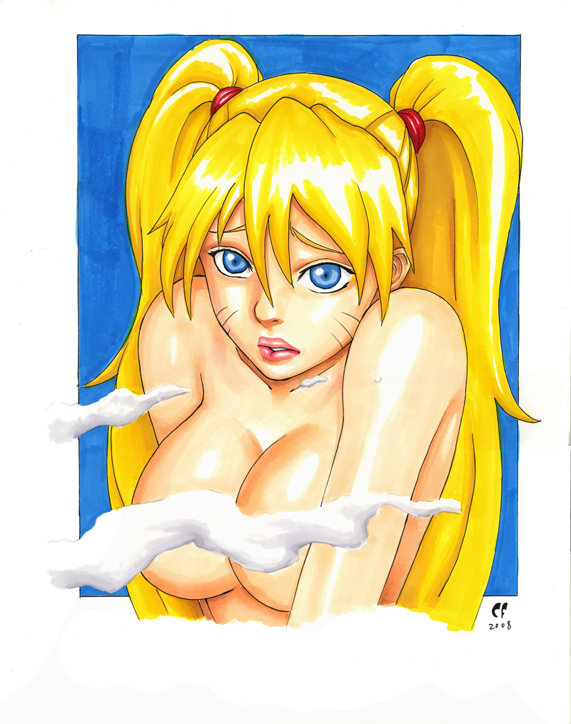 chris foulkes, daikkenaurora, naruko (naruto), uzumaki naruto, naruto (classic), naruto (series), 1girl, blonde hair, blue background, blue eyes, breasts, censored, cleavage, collarbone, convenient censoring, facial mark, facing viewer, female focus, genderswap, genderswap (mtf), hair between eyes, hair tie, large breasts, long hair, looking at viewer, nude, parted lips, sexy no jutsu, simple background, smoke, smoke censor, solo, steam, teeth, twintails, upper body, whisker markings, whiskers