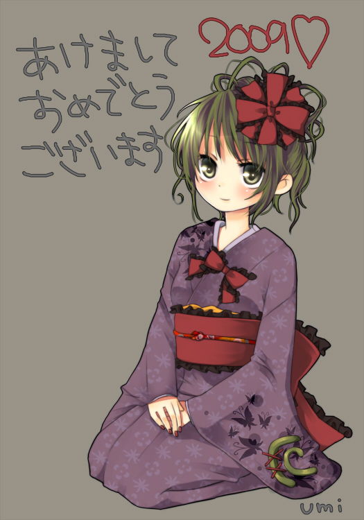umi (umi02), kagiyama hina, touhou, umi, bad id, bad pixiv id, 00s, 1girl, 2009, alternate hairstyle, female focus, green eyes, green hair, grey background, japanese clothes, kimono, matching hair/eyes, new year, solo