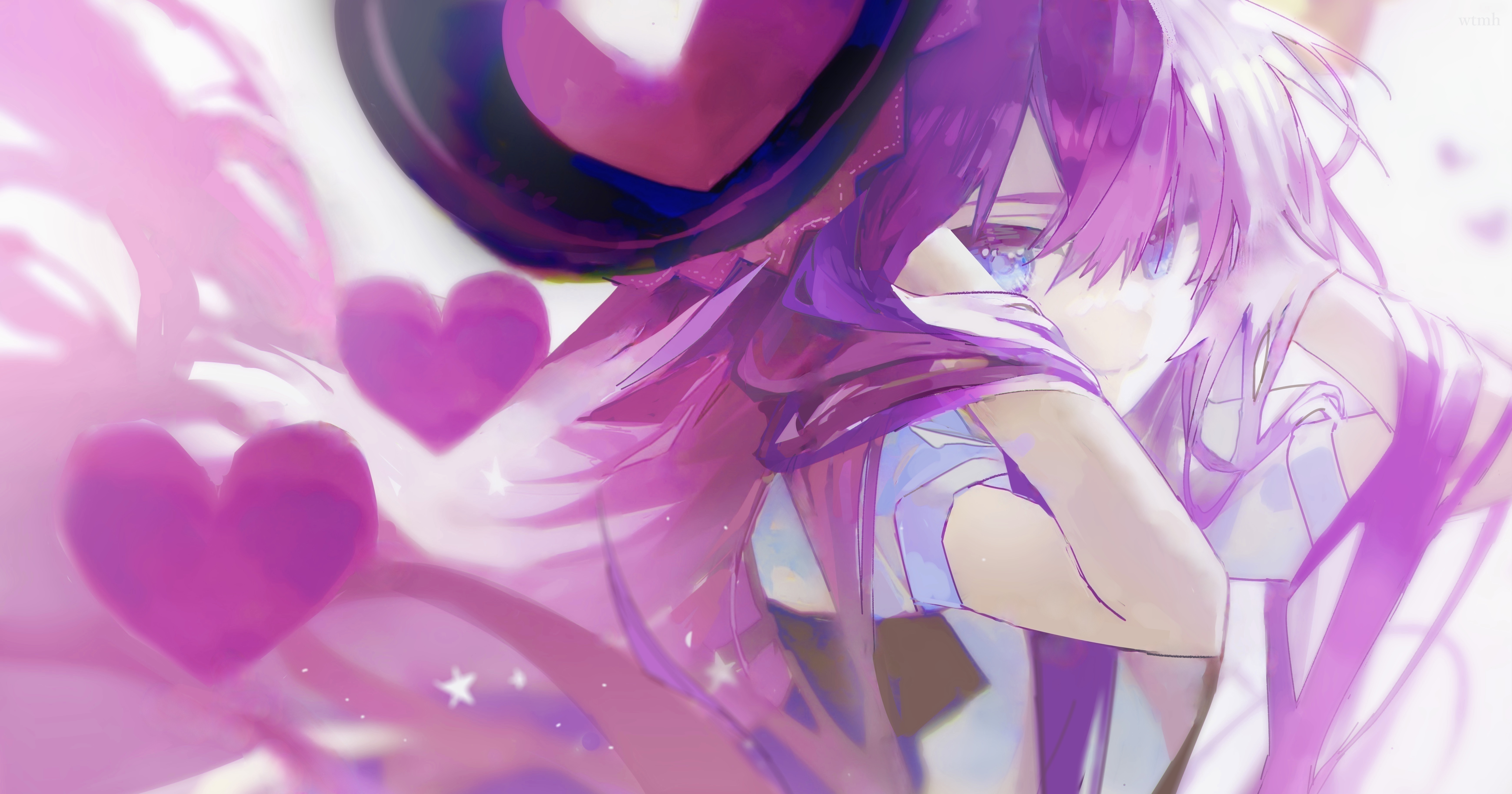 usagi (wtmh), megurine luka, vocaloid, absurdres, commentary, english commentary, highres, revision, 1girl, adjusting hair, arms up, black dress, blue eyes, blurry, blurry background, closed mouth, dress, hair between eyes, hair flowing over, heart, long hair, looking at viewer, pink hair, puffy short sleeves, puffy sleeves, short sleeves, sidelocks, smile, star (symbol), two-tone dress, upper body, very long hair, white dress