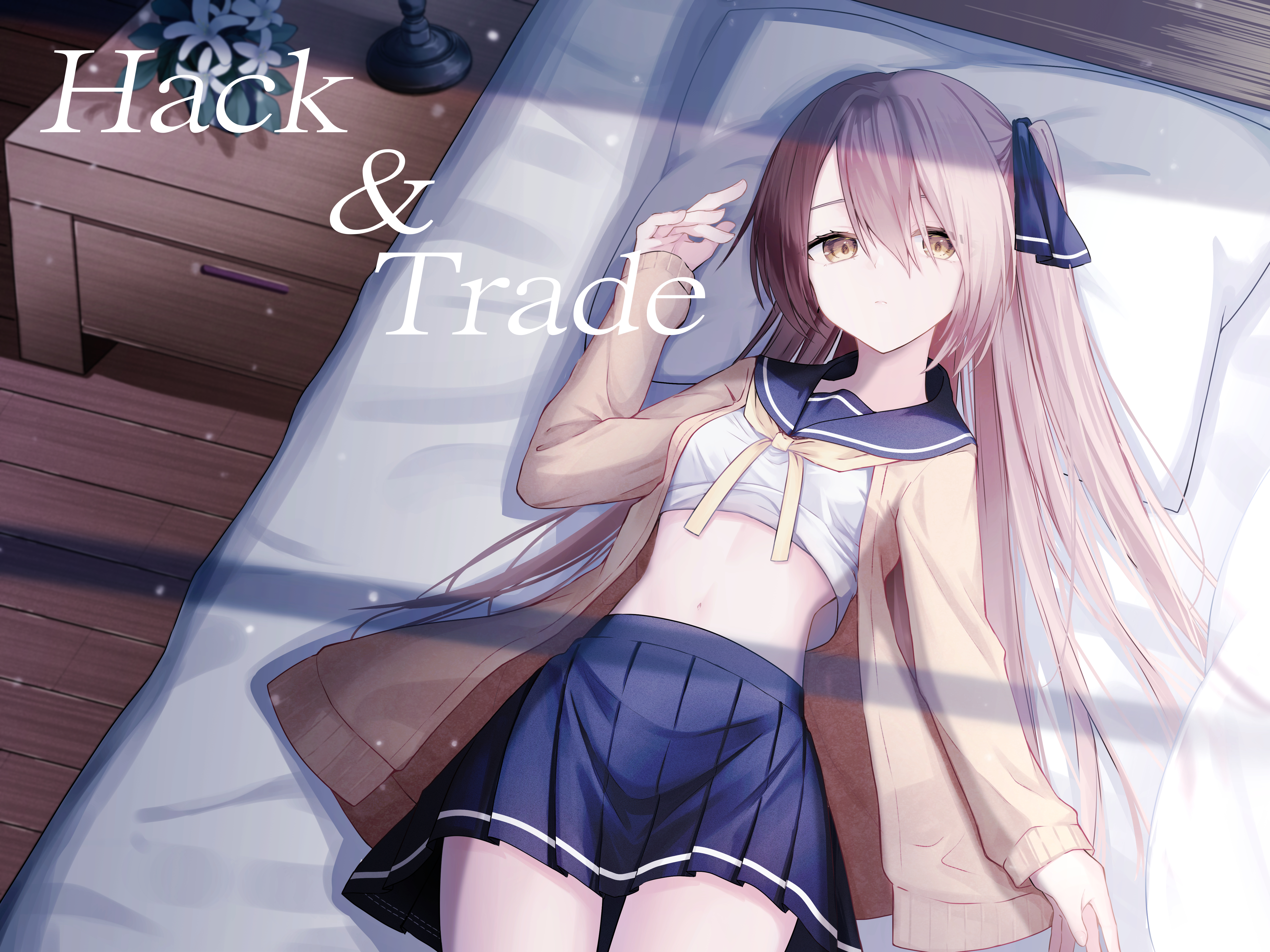 nishina kakeri, original, absurdres, commentary request, highres, 1girl, bed, blue ribbon, blue sailor collar, blue skirt, brown eyes, brown hair, brown jacket, closed mouth, crop top, english text, eyebrows hidden by hair, flower, hair between eyes, hair ribbon, indoors, jacket, long hair, long sleeves, looking at viewer, lying, midriff, navel, nightstand, on back, on bed, one side up, open clothes, open jacket, pillow, pleated skirt, puffy long sleeves, puffy sleeves, ribbon, sailor collar, skirt, sleeves past wrists, solo, very long hair, white flower, wooden floor