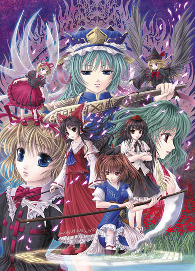 yuki shuuka, hakurei reimu, kazami yuuka, lily black, lily white, medicine melancholy, onozuka komachi, shameimaru aya, shiki eiki, su-san, phantasmagoria of flower view, touhou, 6+girls, ascot, female focus, flower, green hair, hair bobbles, hair ornament, hat, magic circle, multiple girls, plaid clothes, plaid skirt, plaid vest, red eyes, red flower, rod of remorse, scythe, short hair, skirt, skirt set, spider lily, tokin hat, vest