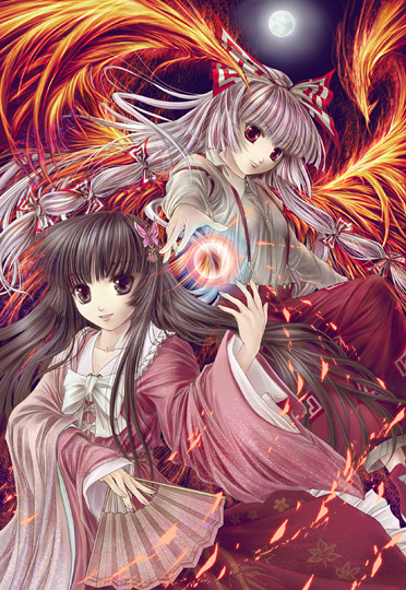 yuki shuuka, fujiwara no mokou, houraisan kaguya, touhou, 2girls, female focus, full moon, hair ribbon, long hair, moon, multiple girls, outdoors, ribbon, sky