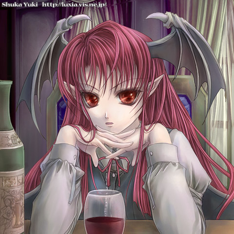 yuki shuuka, koakuma, embodiment of scarlet devil, touhou, lowres, 1girl, alcohol, bat wings, bottle, demon girl, female focus, gendou pose, head wings, indoors, own hands clasped, own hands together, red eyes, red hair, solo, upper body, wine, wings