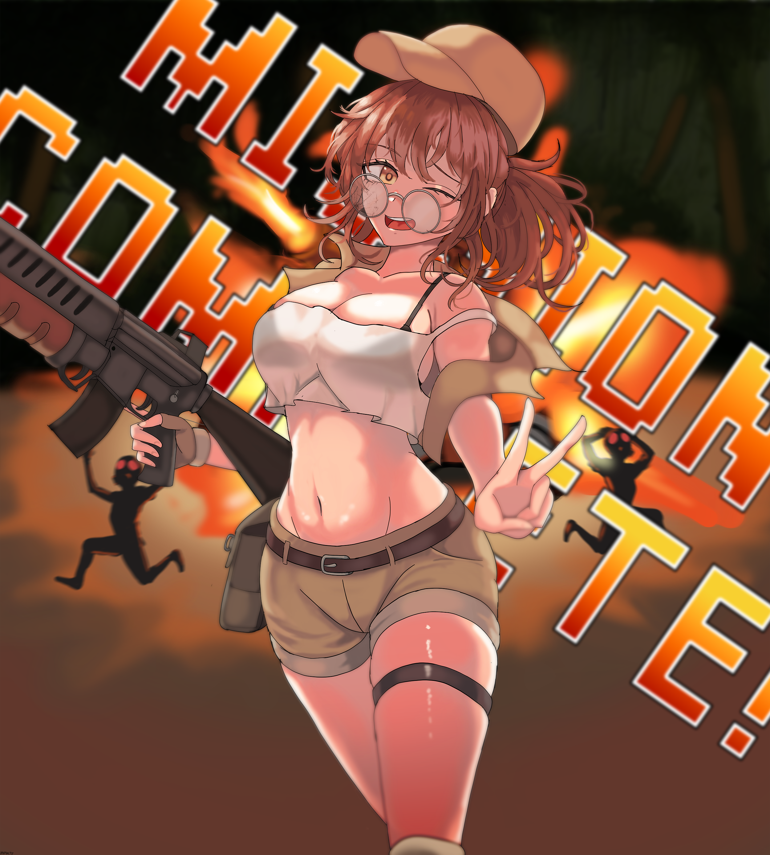 gomsang-oh, fio germi, metal slug, absurdres, commentary, highres, 1girl, ;d, bare shoulders, belt, black bra, bra, bra visible through clothes, breasts, brown belt, brown gloves, brown hair, brown hat, brown shorts, collarbone, cowboy shot, crop top, english text, fingerless gloves, glasses, gloves, gun, hat, holding, holding gun, holding weapon, large breasts, machine gun, midriff, navel, one eye closed, open mouth, round eyewear, short shorts, shorts, single glove, single off shoulder, smile, solo focus, strap slip, tank top, thigh strap, trigger discipline, underwear, v, weapon, white tank top