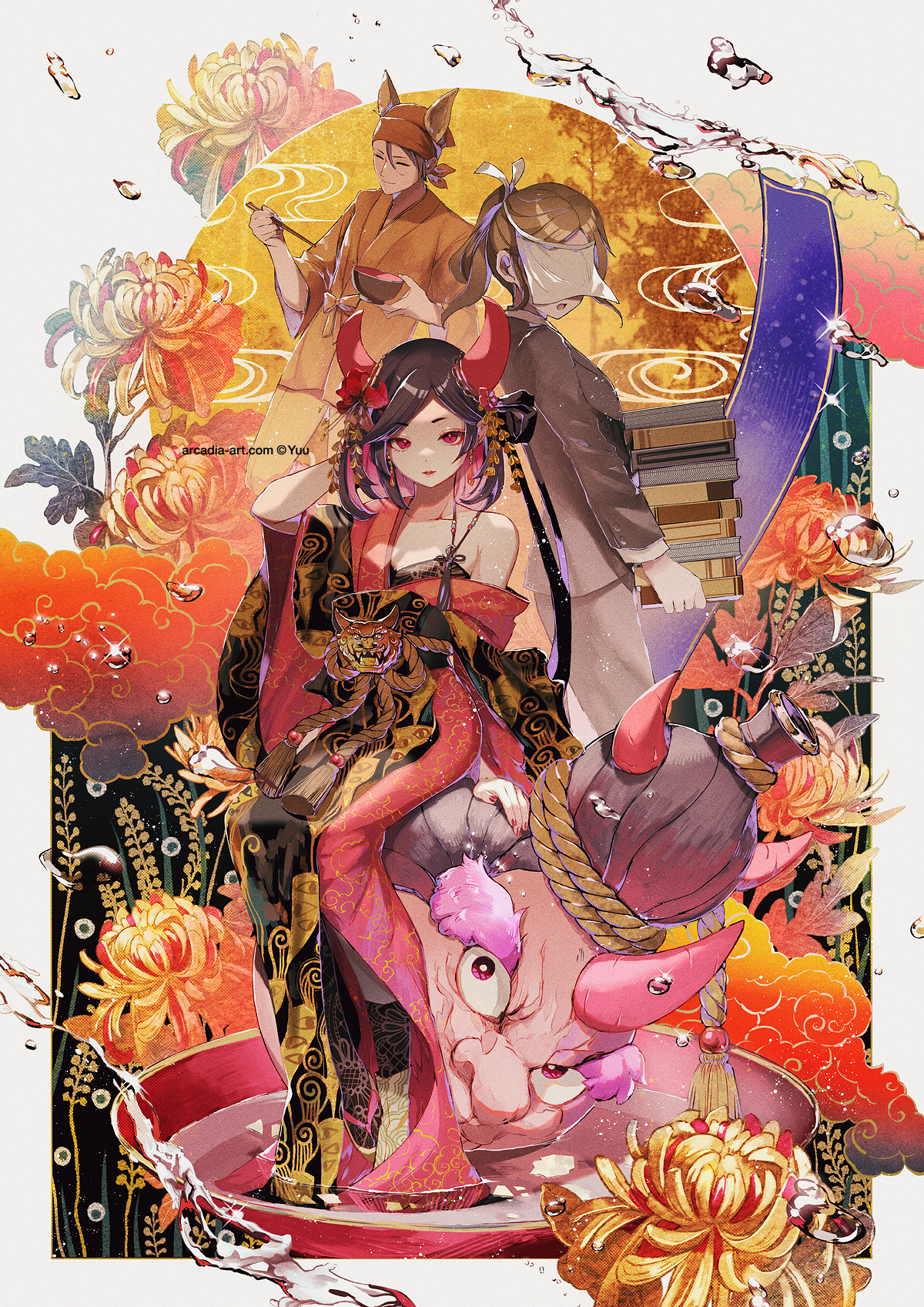 yuu (arcadia), original, commentary request, highres, 2boys, 2girls, arm behind back, arm up, bare shoulders, black hair, black kimono, bowl, brown jacket, brown kimono, brown pants, chopsticks, closed eyes, closed mouth, cloud, ears through headwear, flower, formal clothes, grey background, hanafuda, headset, holding, holding bowl, holding chopsticks, horns, jacket, japanese clothes, kimono, multicolored hair, multiple boys, multiple girls, nail polish, off shoulder, pant suit, pants, parted bangs, pink hair, red eyes, red flower, red nails, smile, spider lily, suit, two-tone hair, water, watermark, web address, yellow flower