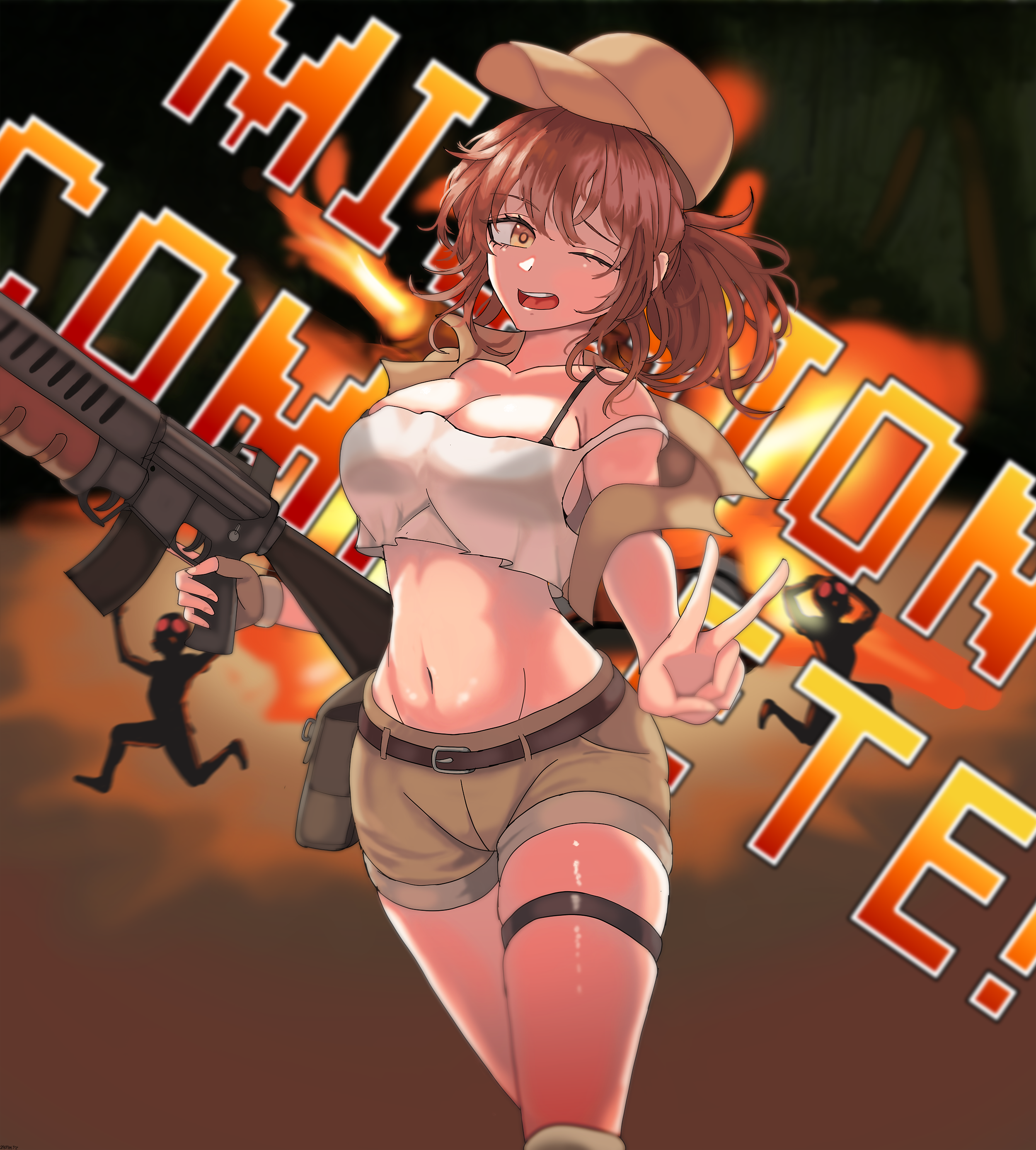 gomsang-oh, fio germi, metal slug, absurdres, commentary, highres, 1girl, ;d, bare shoulders, belt, black bra, bra, bra visible through clothes, breasts, brown belt, brown gloves, brown hair, brown hat, brown shorts, collarbone, cowboy shot, crop top, english text, fingerless gloves, gloves, gun, hat, holding, holding gun, holding weapon, large breasts, machine gun, midriff, navel, no eyewear, one eye closed, open mouth, short shorts, shorts, single glove, single off shoulder, smile, solo focus, strap slip, tank top, thigh strap, trigger discipline, underwear, v, weapon, white tank top