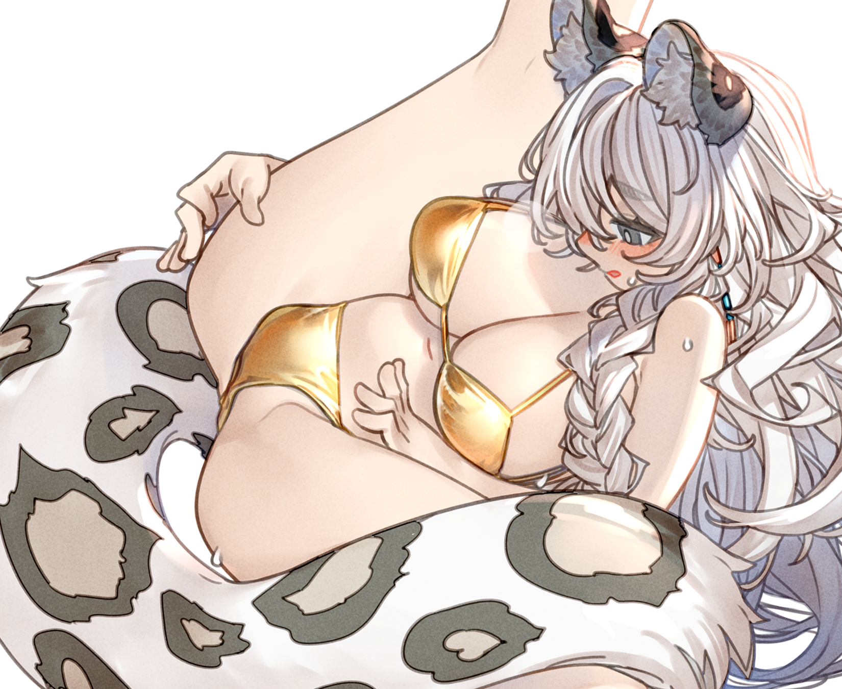 kochiya (gothope), pramanix (arknights), arknights, highres, 1girl, animal ear fluff, animal ears, bikini, blush, braid, breasts, gold bikini, grey eyes, grey hair, leopard ears, long hair, medium breasts, navel, snow leopard ears, snow leopard girl, snow leopard tail, solo, spotted tail, spread legs, swimsuit, twin braids, v legs, white background