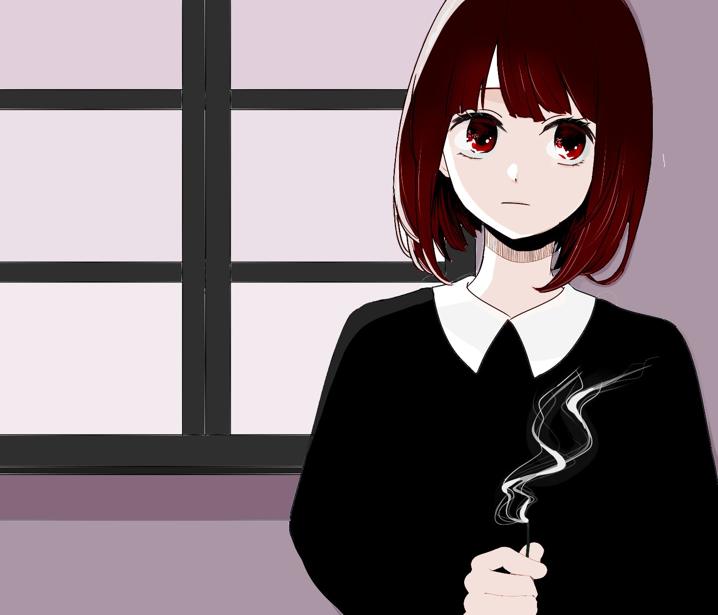 arima kana, oshi no ko, commentary, highres, 1girl, :|, black shirt, closed mouth, collar, collared shirt, incense, indoors, nekodesuda, red eyes, red hair, shirt, short hair, solo, upper body, white collar