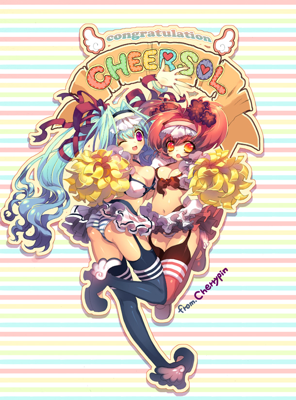 cherrypin, original, 2girls, bikini, breasts, cheerleader, cleavage, green hair, legs, long hair, miniskirt, multiple girls, orange eyes, panties, pom pom (cheerleading), purple eyes, red hair, skirt, striped clothes, striped panties, swimsuit, thighhighs, underwear, upskirt