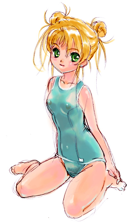 nishida asako, aeru (simoun), simoun, 00s, 1girl, barefoot, blonde hair, breasts, female focus, female pubic hair, green eyes, green one-piece swimsuit, kneeling, nipples, one-piece swimsuit, pubic hair, school swimsuit, see-through clothes, sitting, sketch, small breasts, solo, swimsuit