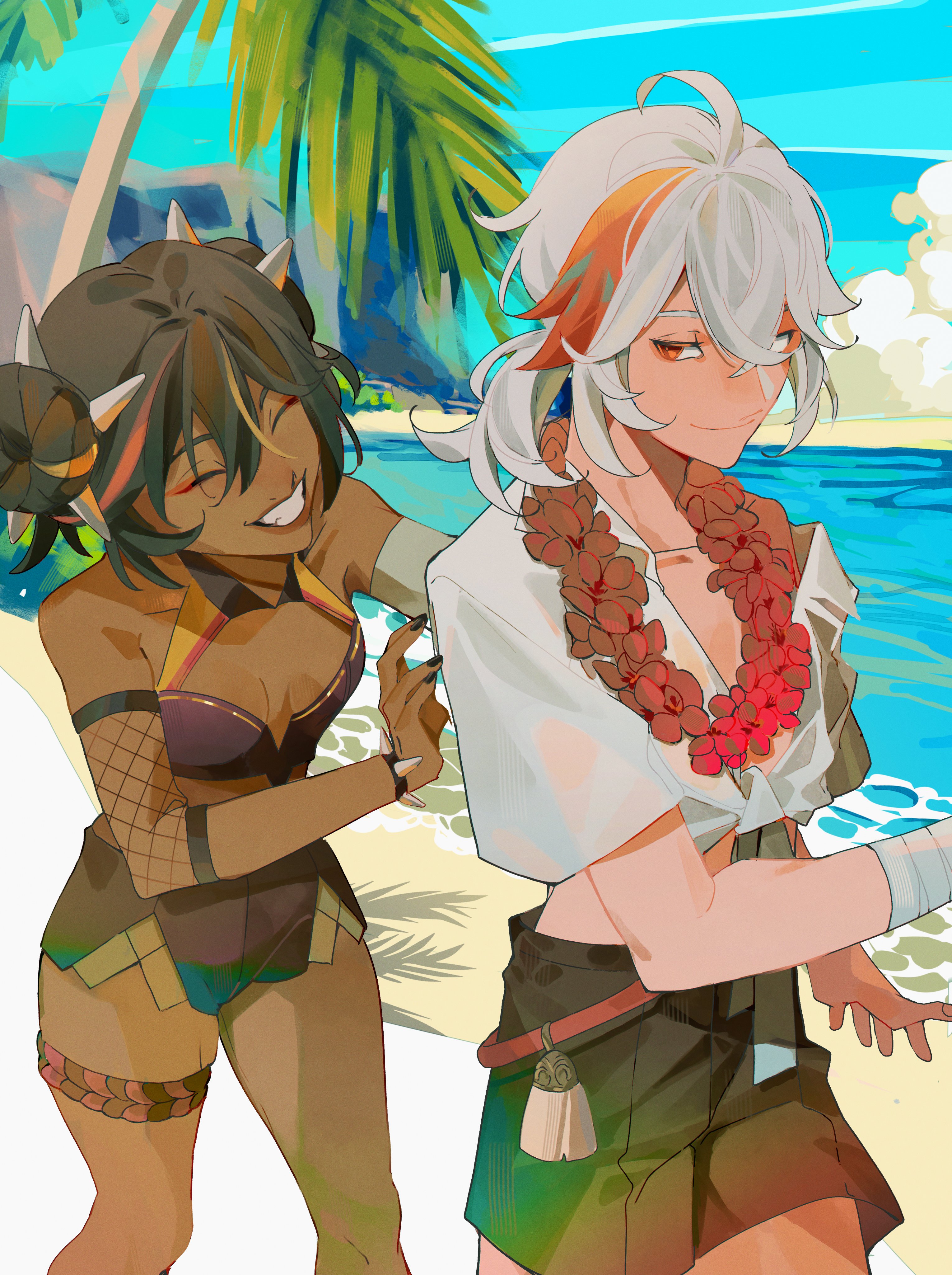 astroprinceps, kaedehara kazuha, xinyan (genshin impact), genshin impact, absurdres, commentary, english commentary, highres, 1boy, 1girl, ahoge, alternate costume, bandaged arm, bandages, bare shoulders, beach, black shorts, blue sky, breasts, brown hair, cleavage, clenched teeth, close-up, closed eyes, closed mouth, cloud, cloudy sky, collarbone, couple, crop top, dark-skinned female, dark skin, detached collar, double bun, eyeliner, flat chest, friends, hair between eyes, hair bun, hair ornament, hairband, happy, huge ahoge, jewelry, light blush, looking to the side, low ponytail, makeup, multicolored hair, ocean, outdoors, palm tree, ponytail, red eyeliner, red eyes, sand, shade, shirt, short sleeves, shorts, sky, smile, spiked hairband, spikes, standing, streaked hair, sunlight, swimsuit, teeth, thighlet, thighs, tree, walking, white hair, white shirt, wide sleeves
