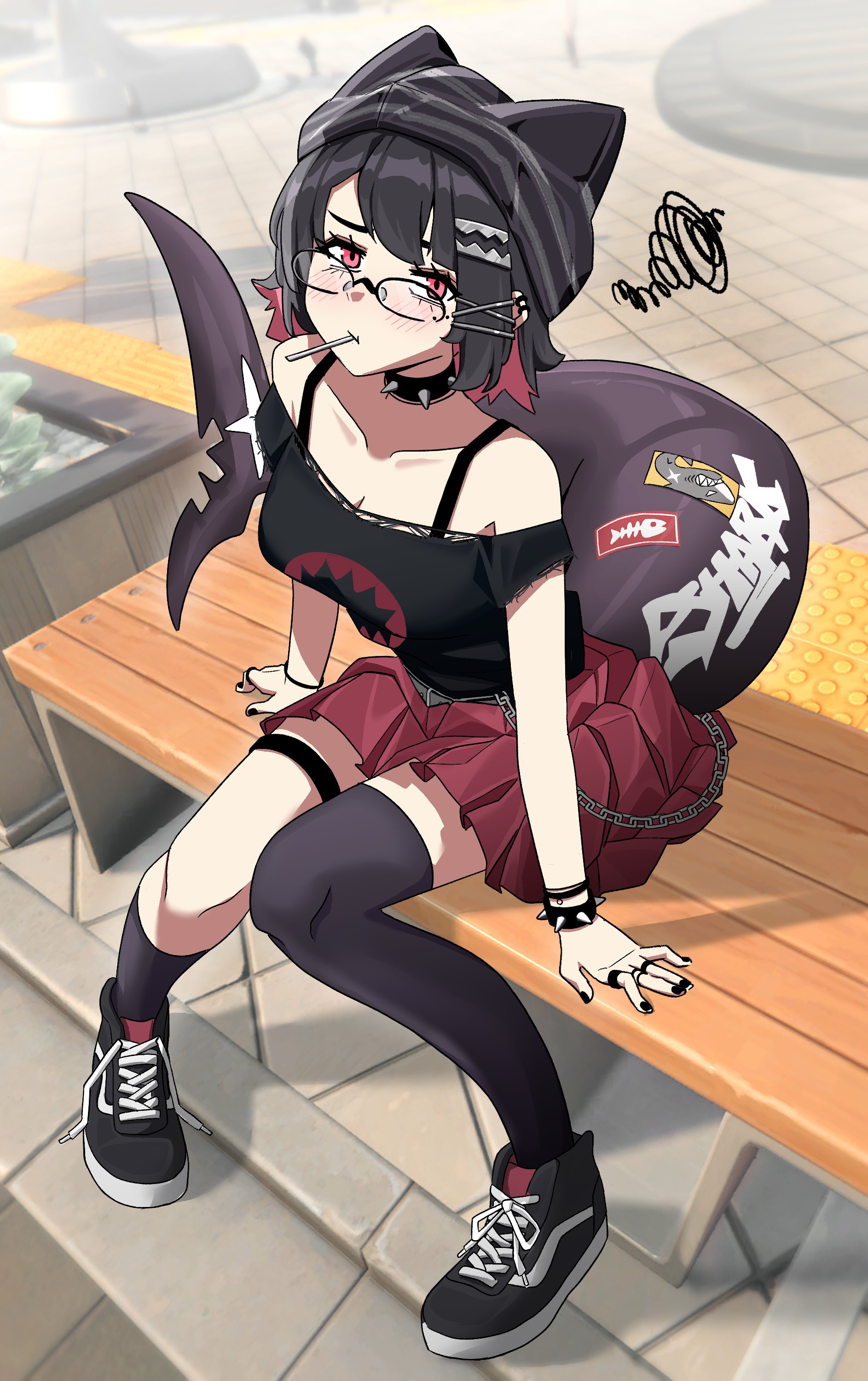 mii rza, ellen joe, zenless zone zero, absurdres, commentary, english commentary, highres, 1girl, alternate costume, asymmetrical legwear, bare shoulders, black choker, black hair, black hat, black nails, black shirt, black socks, black thighhighs, blurry, blurry background, blush, bra strap, bracelet, breasts, choker, cleavage, closed mouth, collarbone, colored inner hair, fins, fish tail, full body, glasses, hair ornament, hairclip, hat, hat with ears, jewelry, lollipop in mouth, looking at viewer, medium breasts, miniskirt, mole, mole under eye, multicolored hair, multiple rings, nail polish, off-shoulder shirt, off shoulder, on bench, outdoors, pleated skirt, red eyes, ring, shark girl, shark tail, shirt, shoes, short hair, single sock, single thighhigh, sitting, skirt, sneakers, socks, solo, spiked bracelet, spiked choker, spikes, squiggle, tail, thighhighs, wallet chain