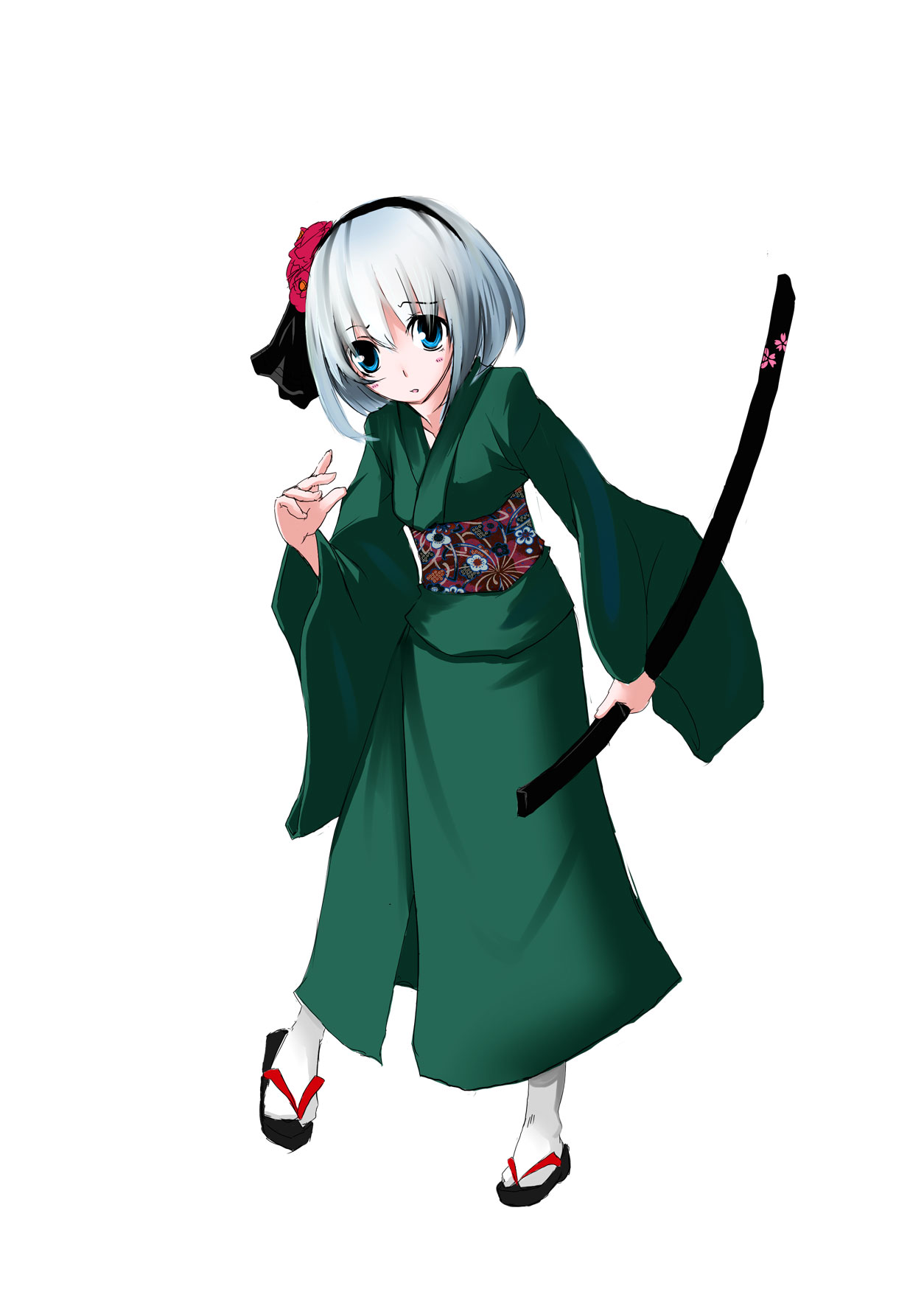 moco (pixiv), rico (pixiv), konpaku youmu, touhou, bad id, bad pixiv id, highres, 1girl, female focus, full body, japanese clothes, katana, kimono, sheath, sheathed, simple background, solo, sword, weapon, white background