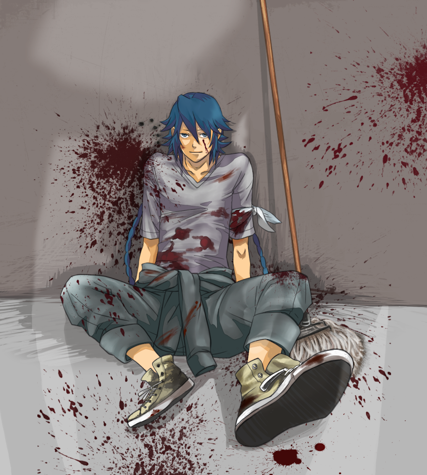 mokuba, mokuba (mujo), converse, original, pixiv no ankokugai, 1boy, blood, blue eyes, blue hair, male focus, matching hair/eyes, mop, shirt, shoes, sneakers, solo, t-shirt