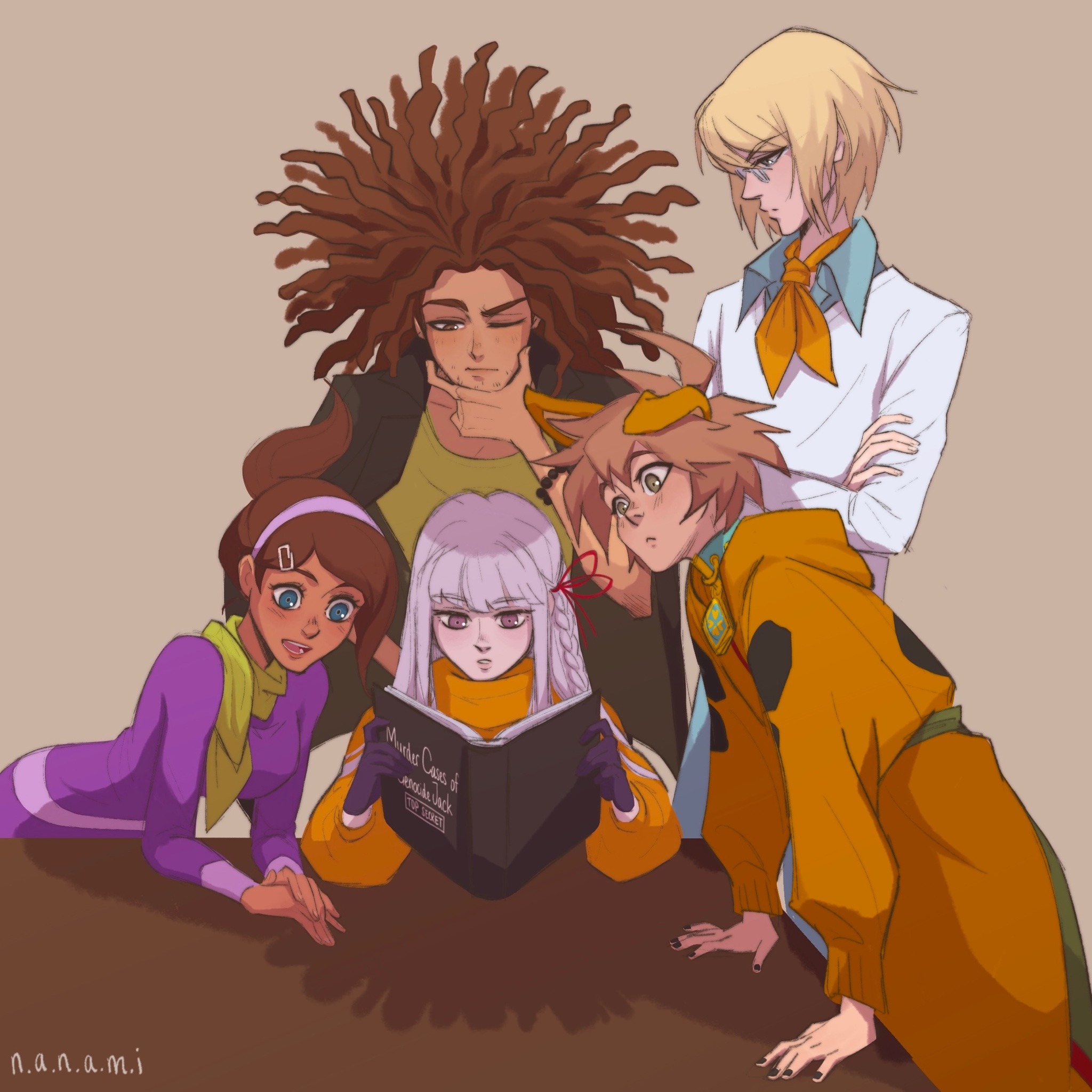 nanamis-username, asahina aoi, daphne blake, fred jones, hagakure yasuhiro, kirigiri kyoko, naegi makoto, scooby-doo (character), shaggy rogers, togami byakuya, velma dinkley, danganronpa: trigger happy havoc, danganronpa (series), scooby-doo, commentary, english commentary, highres, 2girls, 3boys, animal ears, ascot, bead bracelet, beads, black jacket, black nails, blonde hair, blue eyes, book, bracelet, braid, brown eyes, brown hair, closed mouth, collared shirt, cosplay, crossed arms, daphne blake (cosplay), dark-skinned female, dark-skinned male, dark skin, dog ears, dreadlocks, dress, elbows on table, english text, eyelashes, facial hair, fake animal ears, fingernails, fred jones (cosplay), glasses, gloves, green eyes, green scarf, green shirt, hair ribbon, hand on own chin, hands on table, holding, holding book, hood, hood down, jacket, jewelry, long hair, long sleeves, multiple boys, multiple girls, nail polish, one eye closed, onesie, open book, open clothes, open jacket, open mouth, orange ascot, orange sweater, ponytail, purple dress, purple eyes, purple gloves, purple hair, reading, red ribbon, ribbon, scarf, scooby-doo (character) (cosplay), shaggy rogers (cosplay), shirt, short hair, side braid, simple background, single braid, smile, sweater, table, teeth, turtleneck, turtleneck sweater, upper teeth only, velma dinkley (cosplay), white shirt