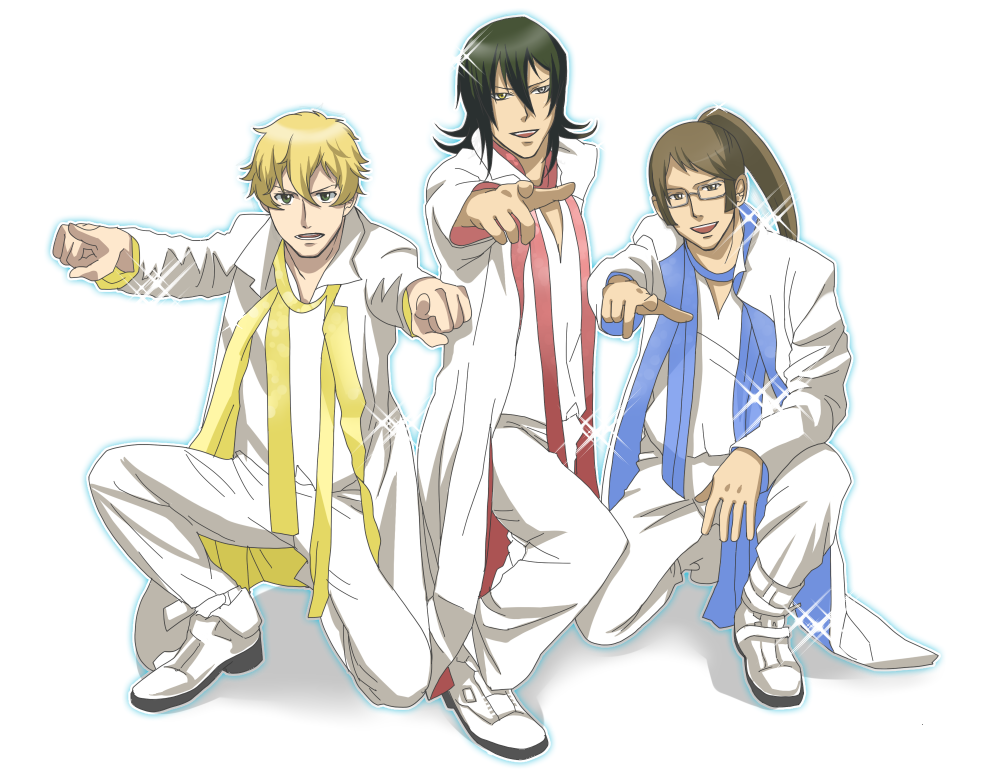mokuba, mokuba (mujo), allelujah haptism, billy katagiri, graham aker, gundam, gundam 00, 00s, 3boys, blonde hair, boots, boyband, brown hair, coat, glasses, green hair, hair between eyes, heterochromia, kneeling, male focus, multiple boys, on one knee, pointing, ponytail, scarf, simple background, sparkle, trench coat, white background