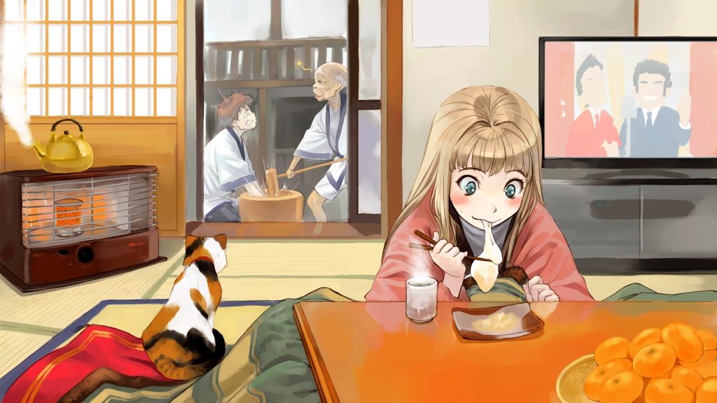shimotsuki eight, original, bad id, bad pixiv id, 1girl, 2boys, :3, animal, blonde hair, blue eyes, blush, calico (pattern), calico cat, cat, chopsticks, eating, food, fruit, heater, japanese clothes, kettle, kine, kotatsu, long hair, mallet, mandarin orange, mochi, mochitsuki, multiple boys, old, old man, room, shouji, slice of life, sliding doors, table, tatami, television, wagashi