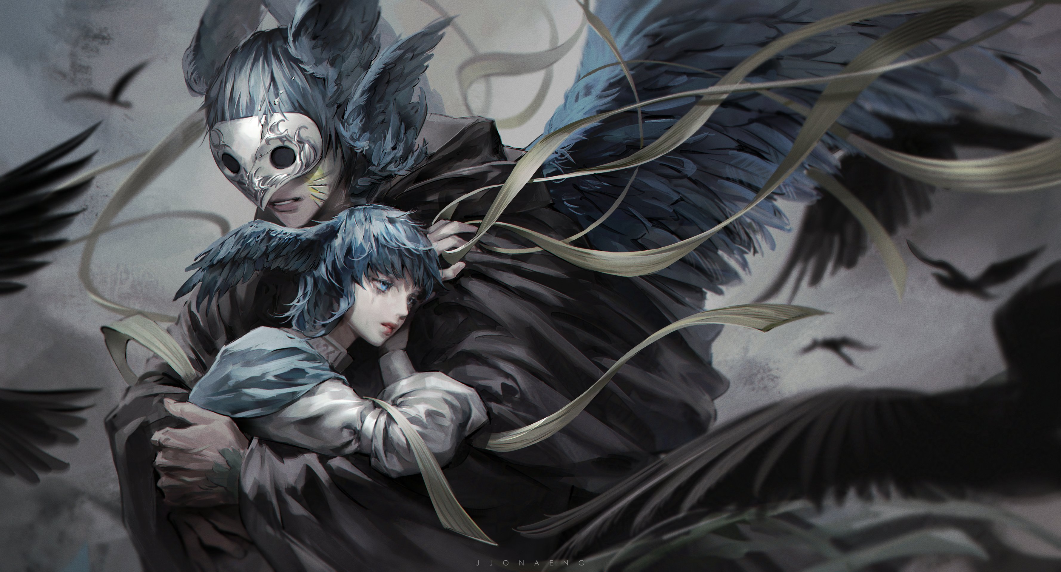 hermes (ff14), meteion, final fantasy, final fantasy xiv, absurdres, highres, 1boy, 1girl, bird, bird wings, black robe, blue eyes, blue hair, covered eyes, expressionless, feathered wings, grey background, head wings, hug, jjonaeng, mask, multiple wings, parted lips, ribbon, robe, short hair, upper body, wings, yellow ribbon