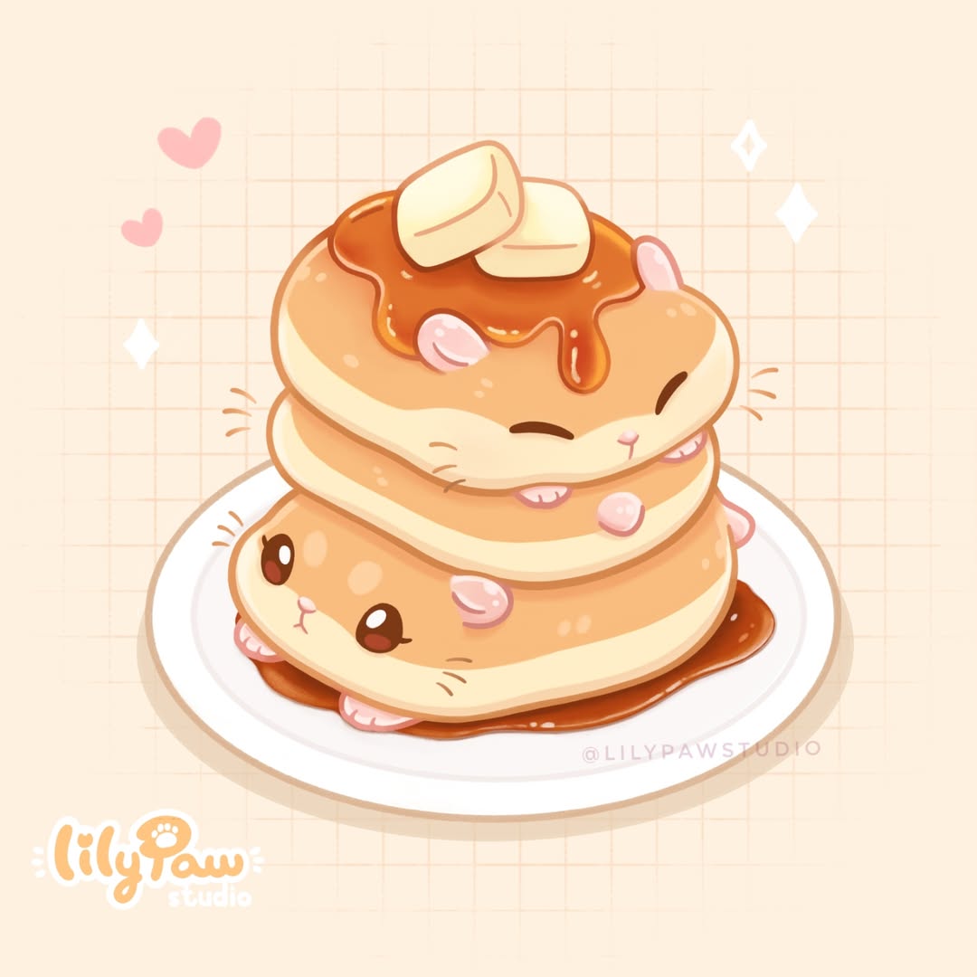 original, commentary, english commentary, ^ ^, animal-themed food, artist name, brown eyes, butter, closed eyes, food, food focus, grid background, hamster, heart, instagram username, lily paw, maple syrup, no humans, pancake, pancake stack, plate, polka dot, shadow, sparkle, watermark, whiskers, yellow background
