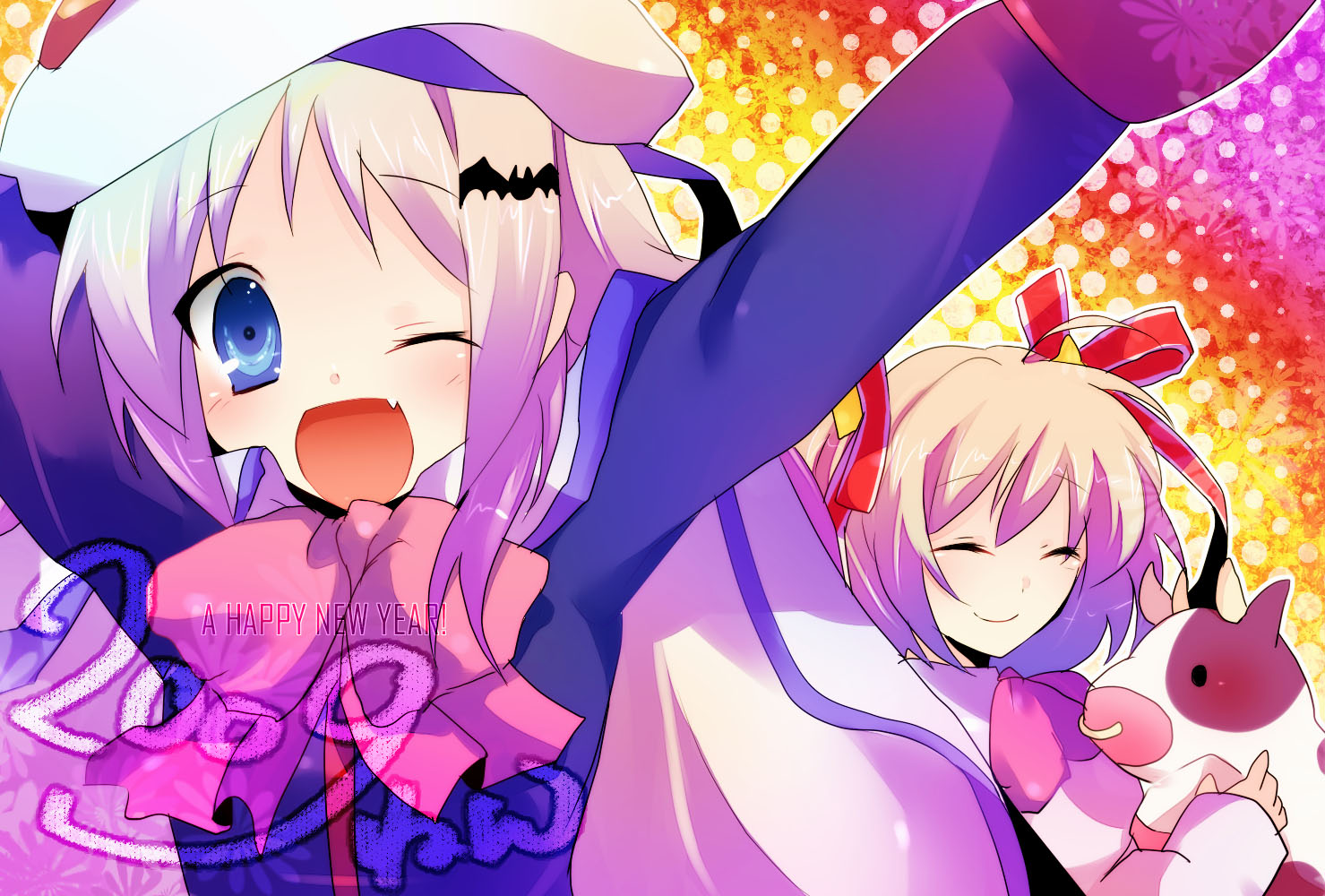 kurohara yuu, kamikita komari, noumi kudryavka, little busters!, bad id, bad pixiv id, 2girls, beret, bow, cape, fang, hair ornament, hair ribbon, hairclip, hat, multiple girls, one eye closed, pink bow, ribbon, school uniform, wink