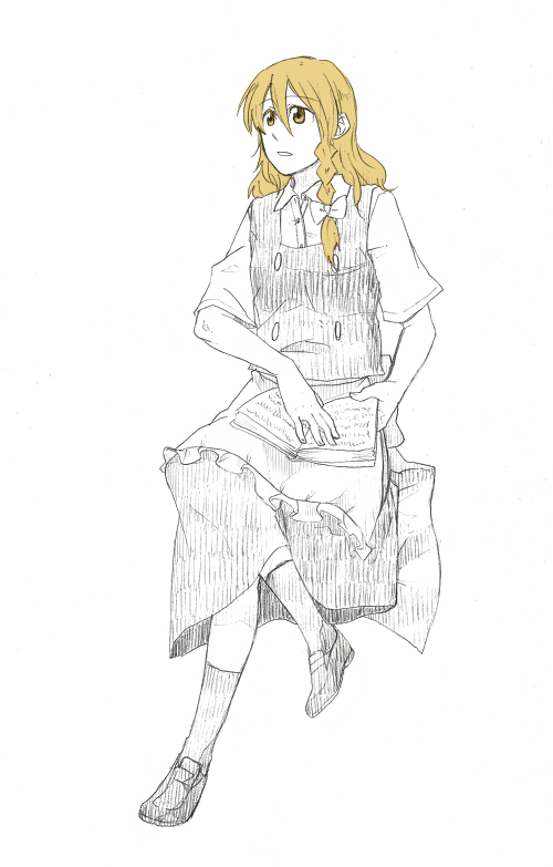 torinone, kirisame marisa, touhou, bad id, bad pixiv id, 1girl, blonde hair, book, braid, female focus, full body, monochrome, simple background, skirt, solo, spot color, white background, yellow eyes