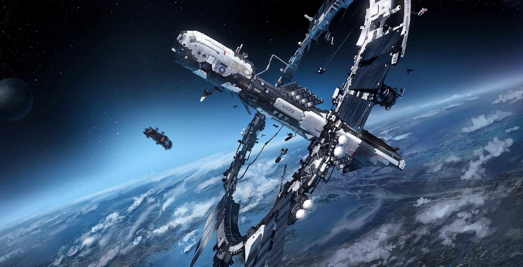 edouard groult, original, highres, cloud, earth (planet), in orbit, megastructure, no humans, planet, scenery, science fiction, space, space station, spacecraft