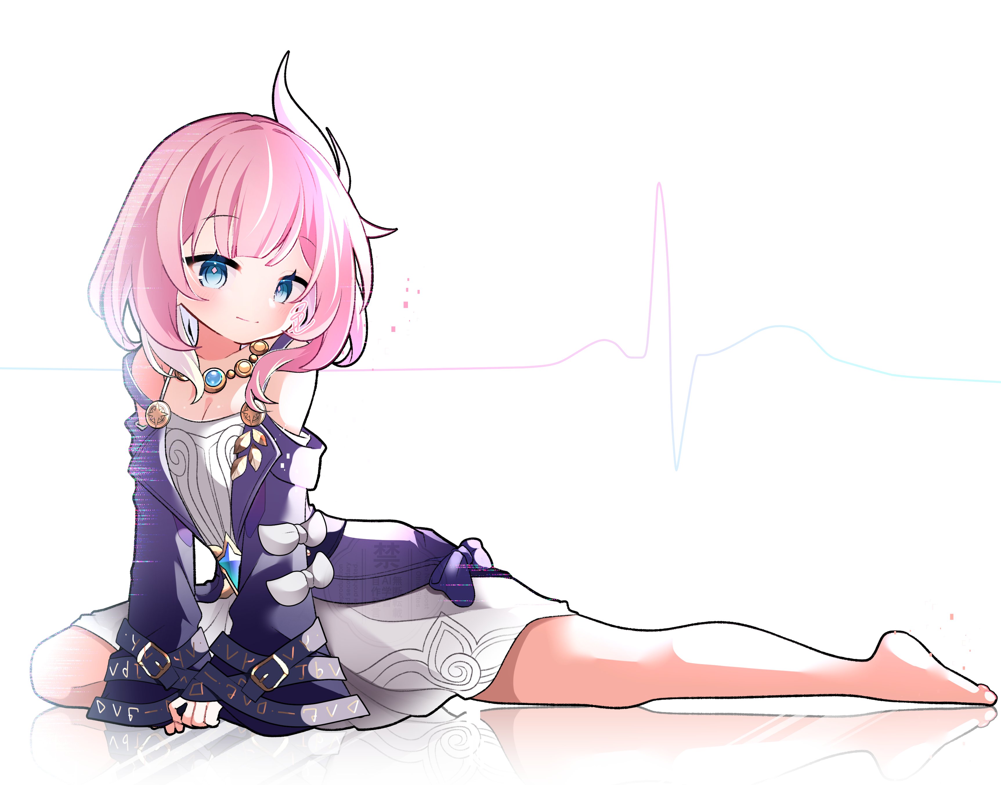 cyrene (honkai: star rail), honkai: star rail, honkai (series), absurdres, commentary request, highres, 1girl, bare shoulders, barefoot, blue eyes, breasts, cleavage, coat, cyrene (aedes elysiae) (honkai: star rail), dress, feet, jewelry, mituse, multicolored hair, necklace, pink hair, purple coat, short hair, simple background, small breasts, smile, solo, two-tone hair, white background, white dress, white hair